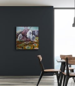 "Shih Tzu Trio" Original Oil painting by Mary Sinner with 3 dogs and woman