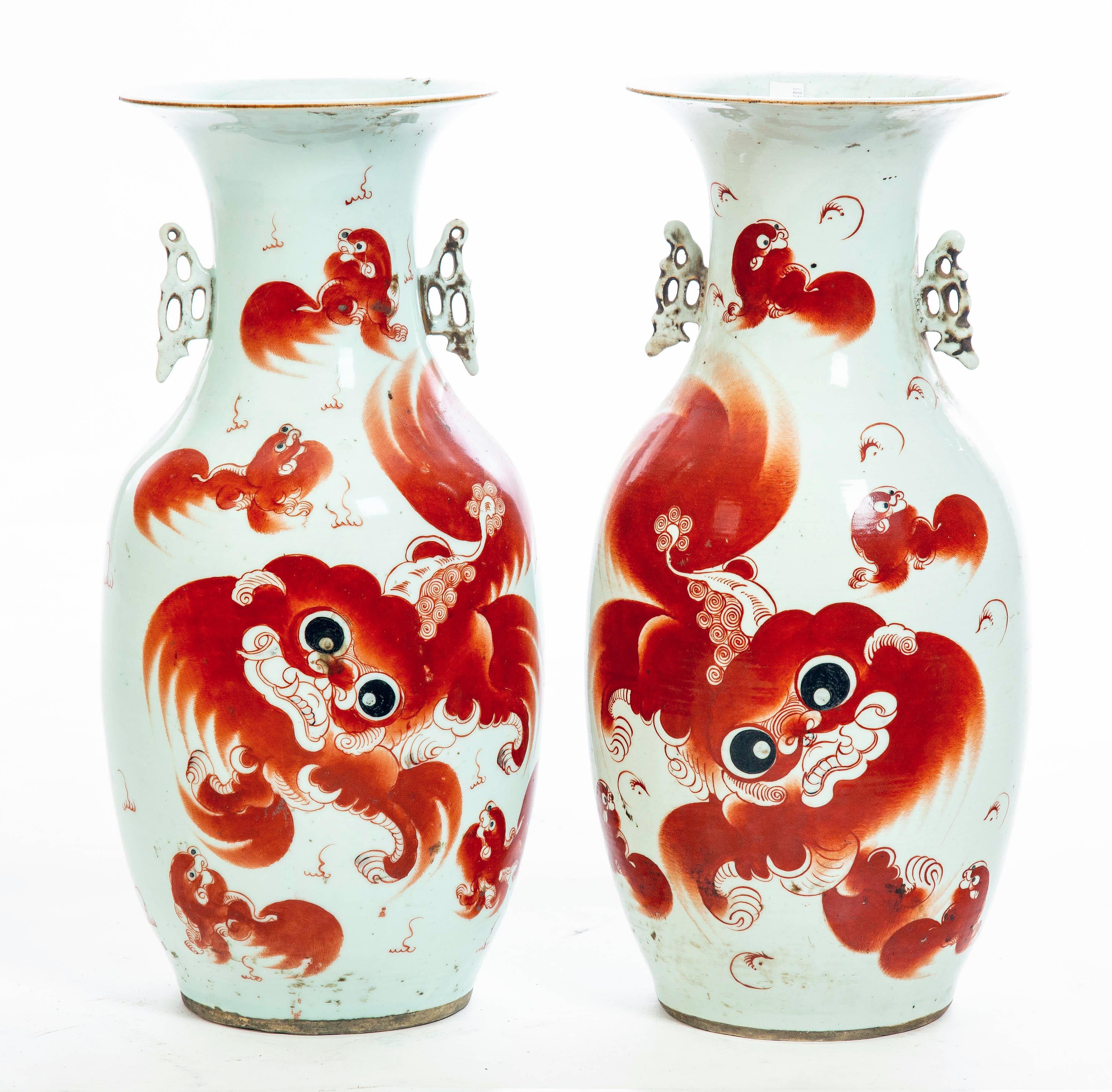 Pair of Antique Hand Painted Chinese Jars With Foo Dogs and Inscriptions