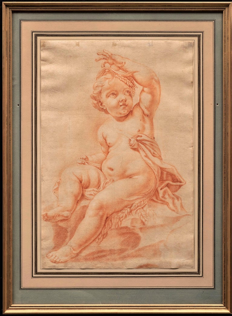 Unknown Portrait - 18th century Italian Old Masters Red Chalk, Sanguine Putti with Sheaves of Wheat