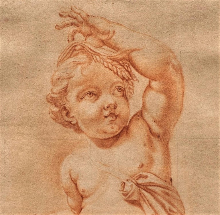 Old Masters Drawing of Putti with Sheaves of Wheat
18th century, Italian
Red Chalk, pencil, laid paper 
16 1/2 x 10 3/4 (22 1/2 x 16 1/4 frame)
The passe-partout frame is original, made by hand according to the rules of the ancient art with blue
