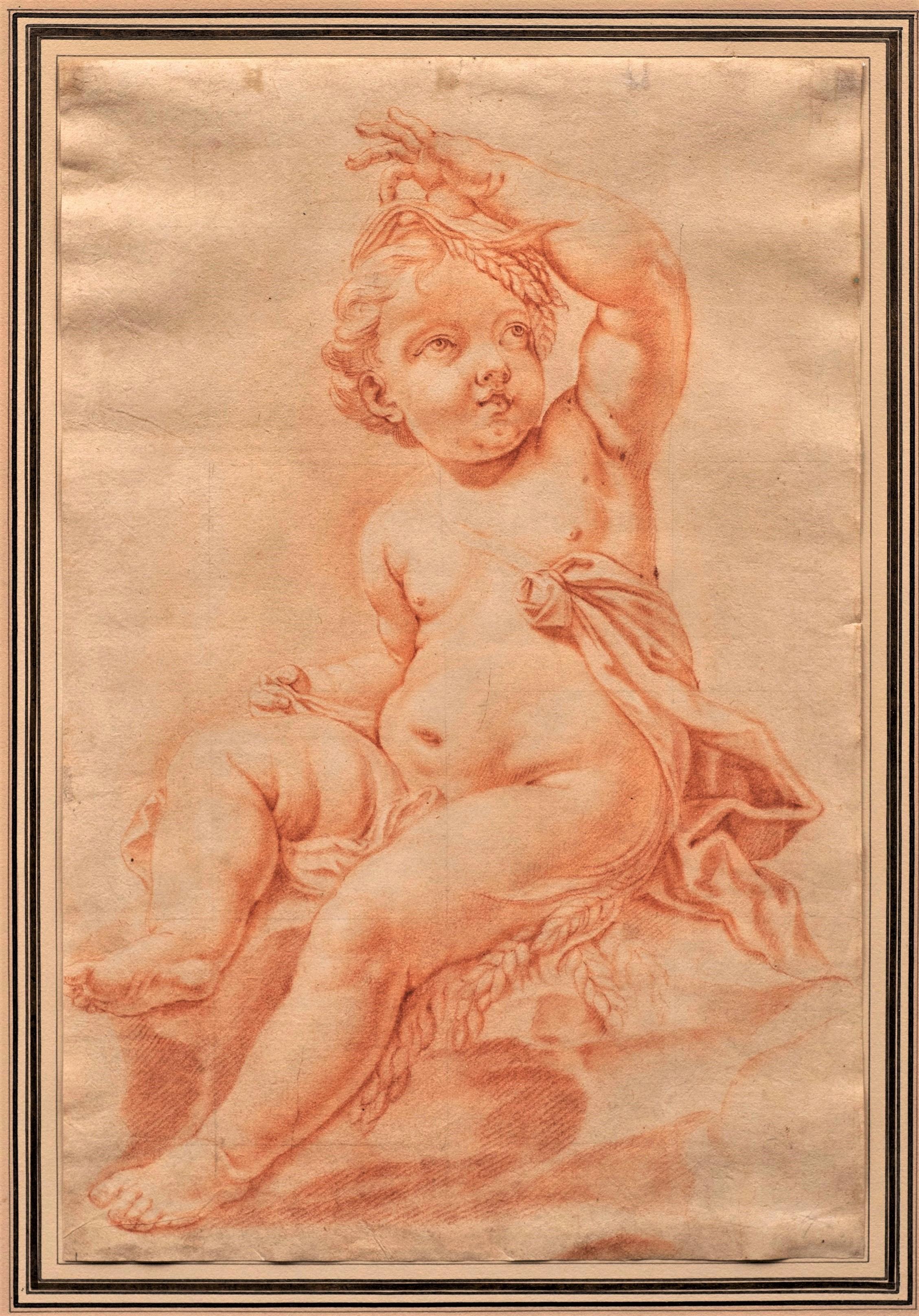 18th century Italian Old Masters Red Chalk, Sanguine Putti with Sheaves of Wheat - Art by Unknown