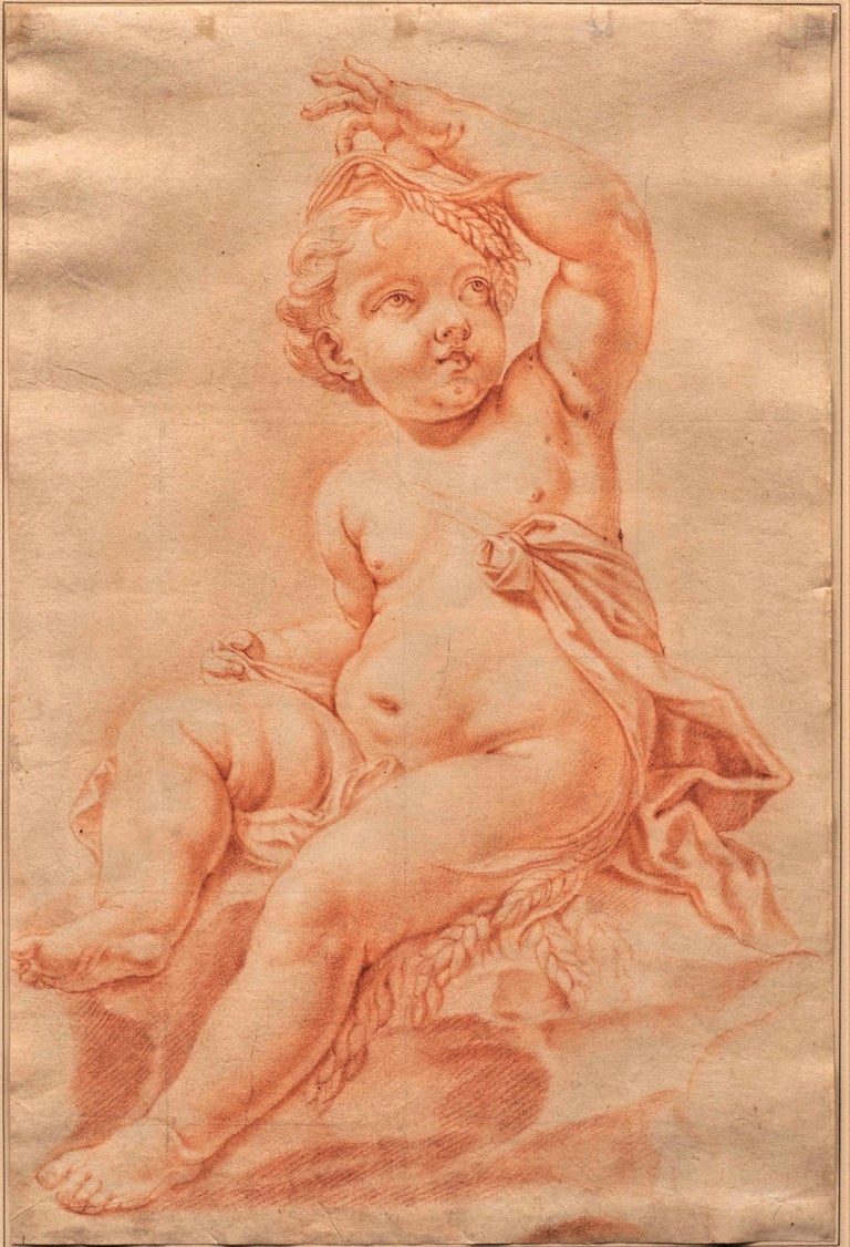 18th century Italian Old Masters Red Chalk, Sanguine Putti with Sheaves of Wheat - Brown Portrait by Unknown