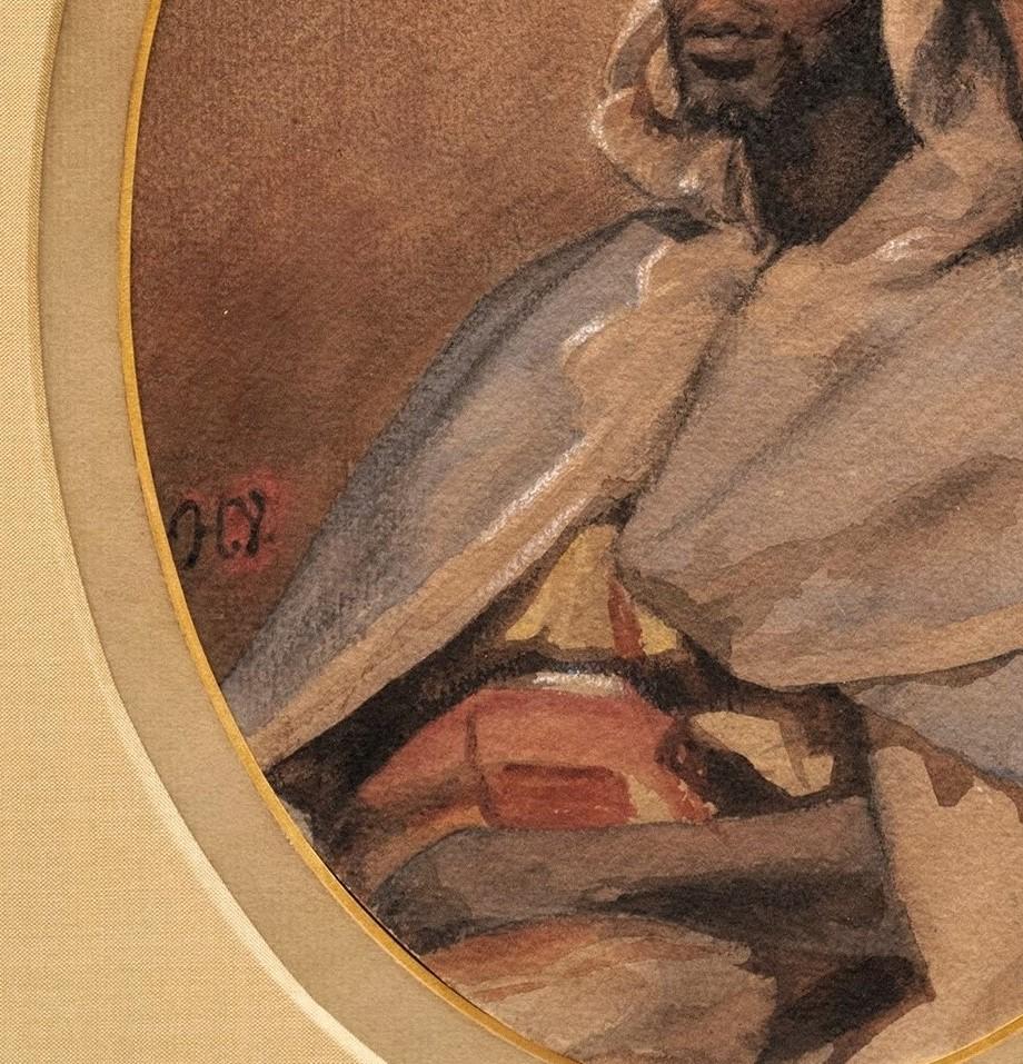 Portrait orientaliste d'un homme arabe
Demi-longueur, tourné vers la gauche, ovale,
Jean-Horace Vernet (français 1789-1863)
Circa 1830s
Aquarelle rehaussée de touches de blanc sur papier
Signé avec les initiales 