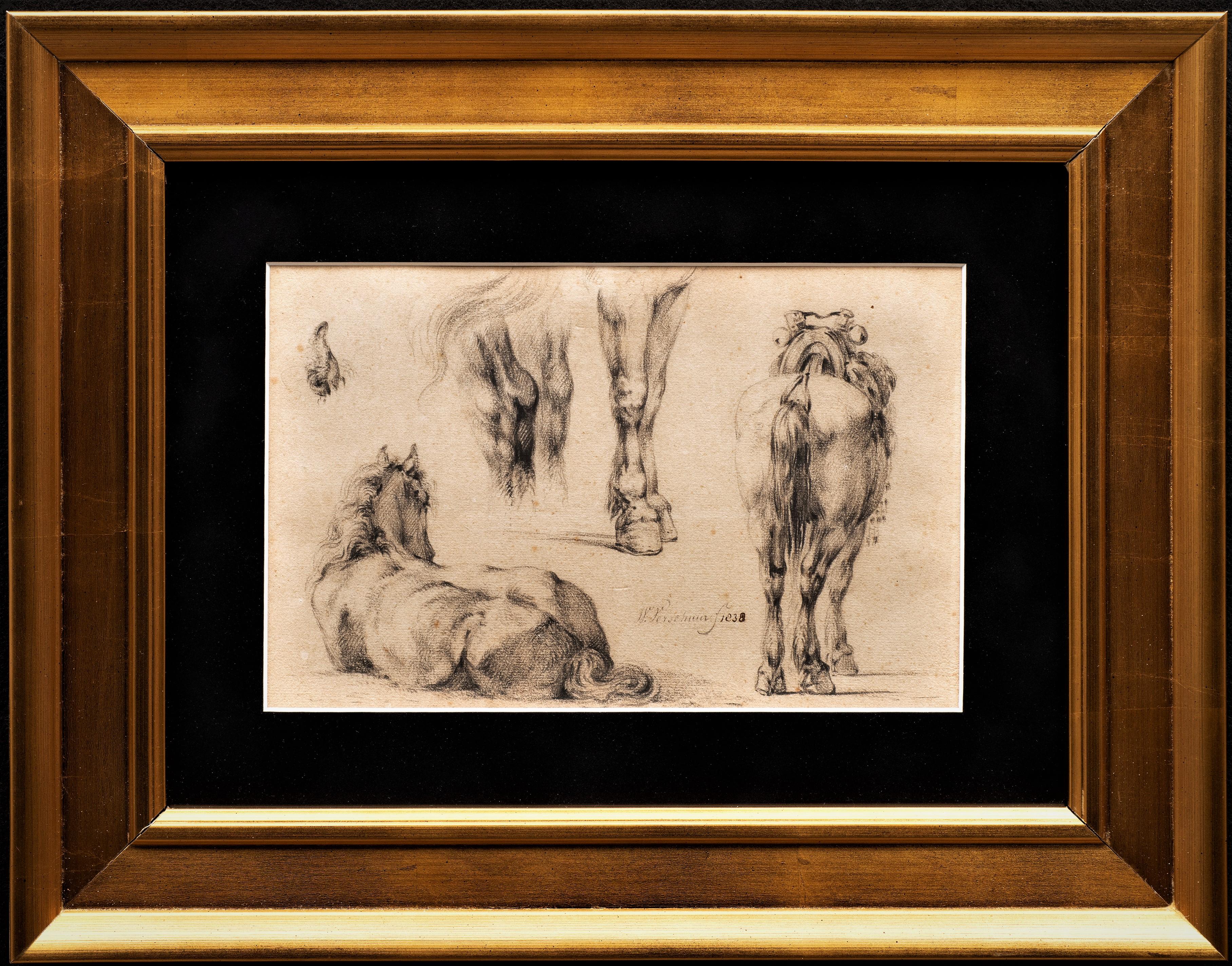 "Study of Horses; Legs and Rumps, 1838" 
Wouterus Verschuur l (Dutch, 1812-1874)
Pencil on paper
Signed and Dated "W Verschuur 1838"
10 x 6 1/2 (17 1/2 x 14 frame) inches

In his time Wouterus Verschuur was an acclaimed and celebrated painter of