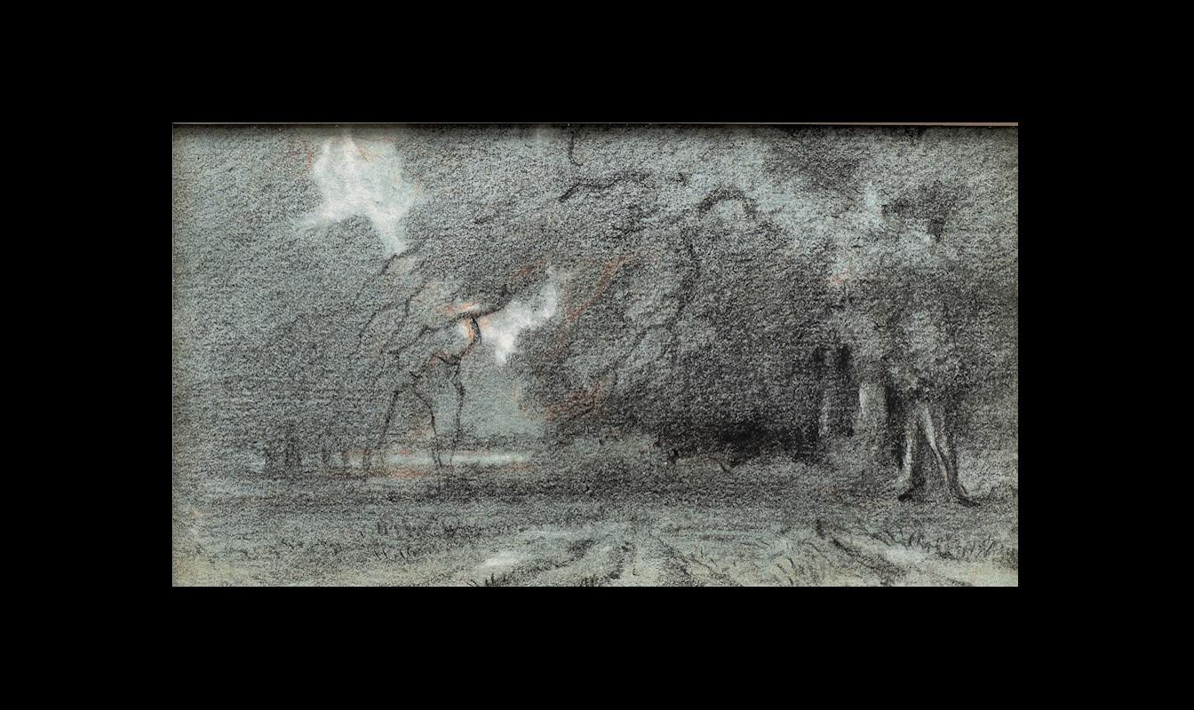 Disegno a matita e gouache della foresta di Fontainebleau, Francia, XIX secolo - Art Scuola di Barbizon di Pierre-Auguste Brunet-Houard