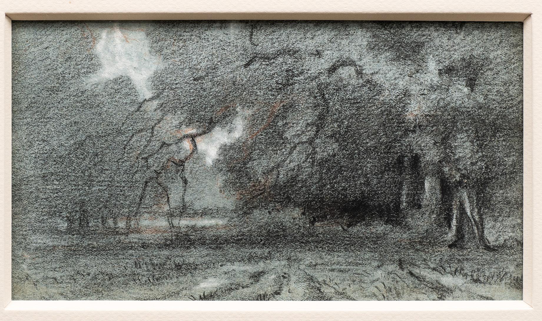 Landscape Art Pierre-Auguste Brunet-Houard - Dessin au crayon et à la gouache de la forêt de Fontainebleau, France 19e siècle