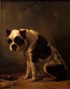 Antique Dog Painting: "A Seated Bulldog" Wouterus Verschuur (Dutch, 1812-1874)