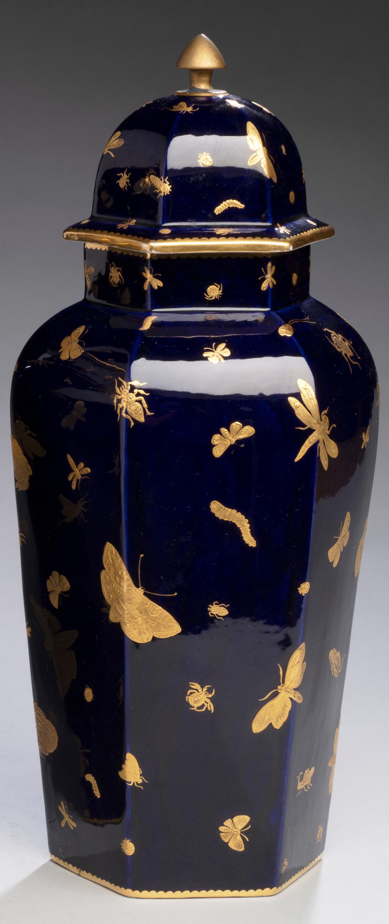 Pair of Vases with Parcel Gilt  Insects
England, John Mortlock circa 1875
Porcelain with gold leaf
15 inches
 
The firm of Mortlock began business in 1746 by John Mortlock I. It remained a family concern with subsequent generations of Mortlocks (all