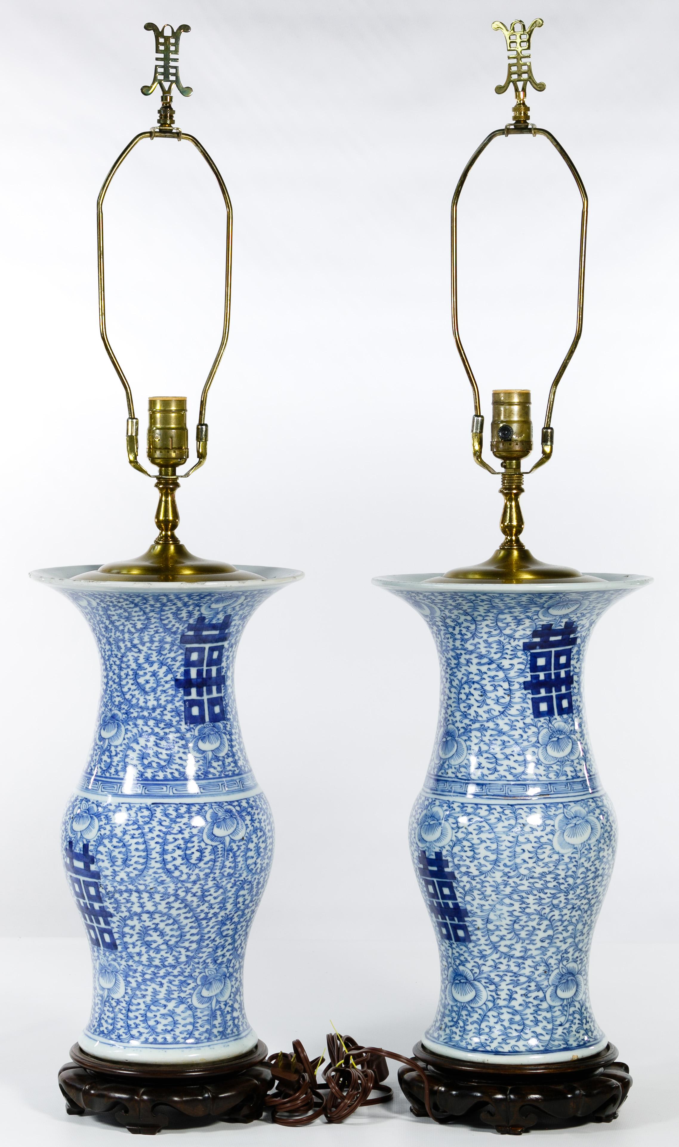 A Pair of Chinese Blue and White Table Lamps "Phoenix Tail" or "Yen Yen" Vases