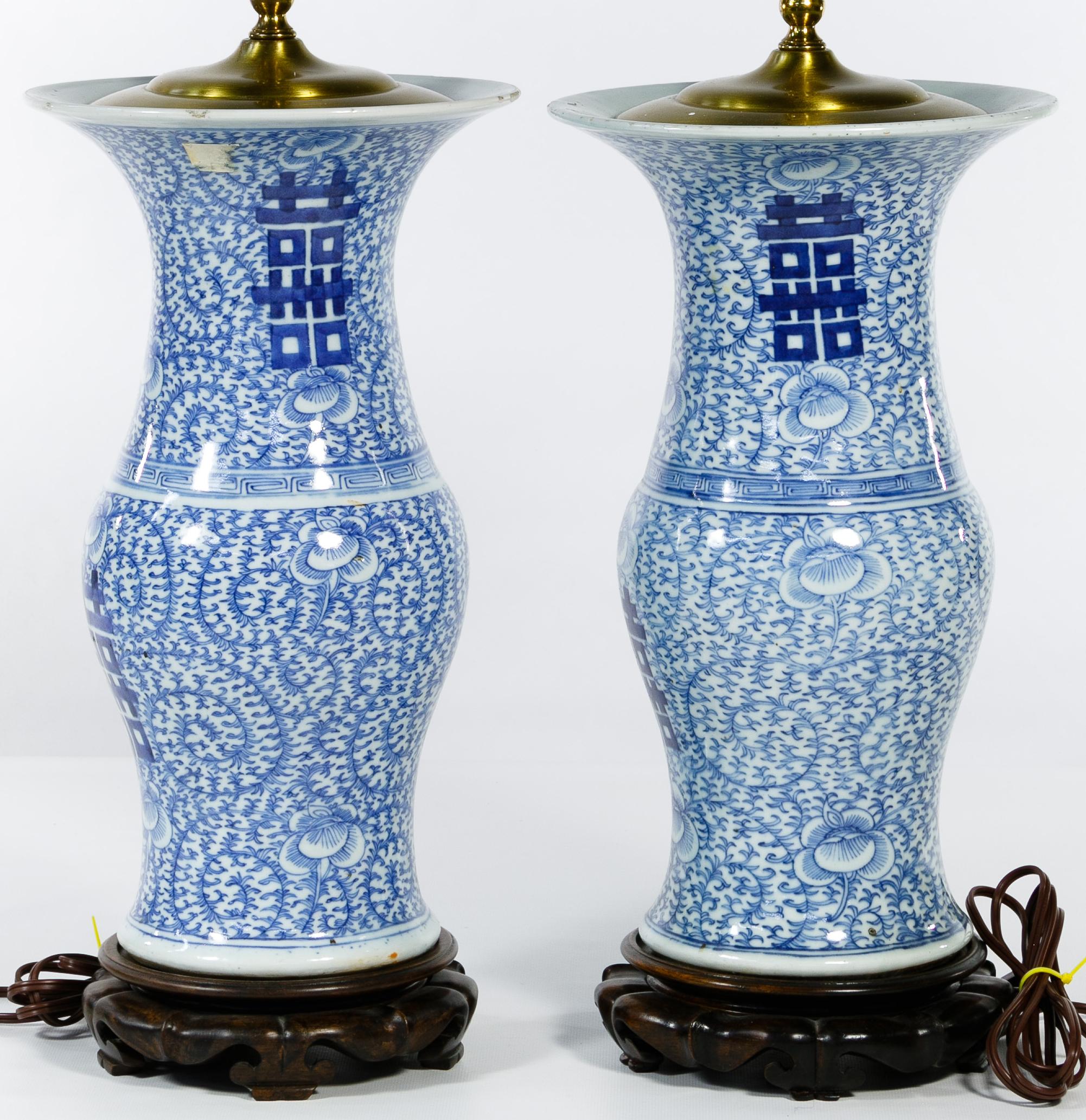 A Pair of Chinese Blue and White Table Lamps 