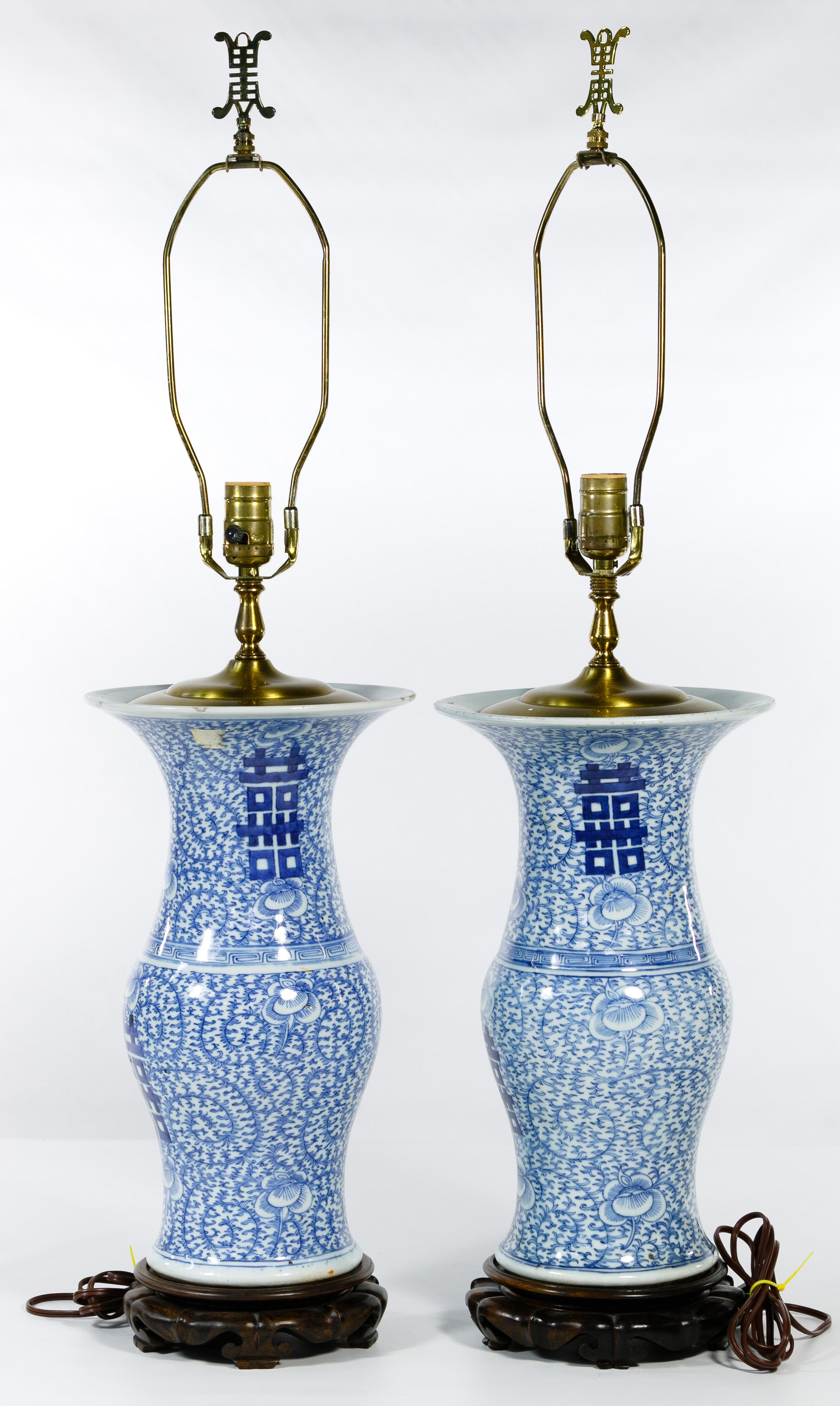 A Pair of Chinese Blue and White Table Lamps 