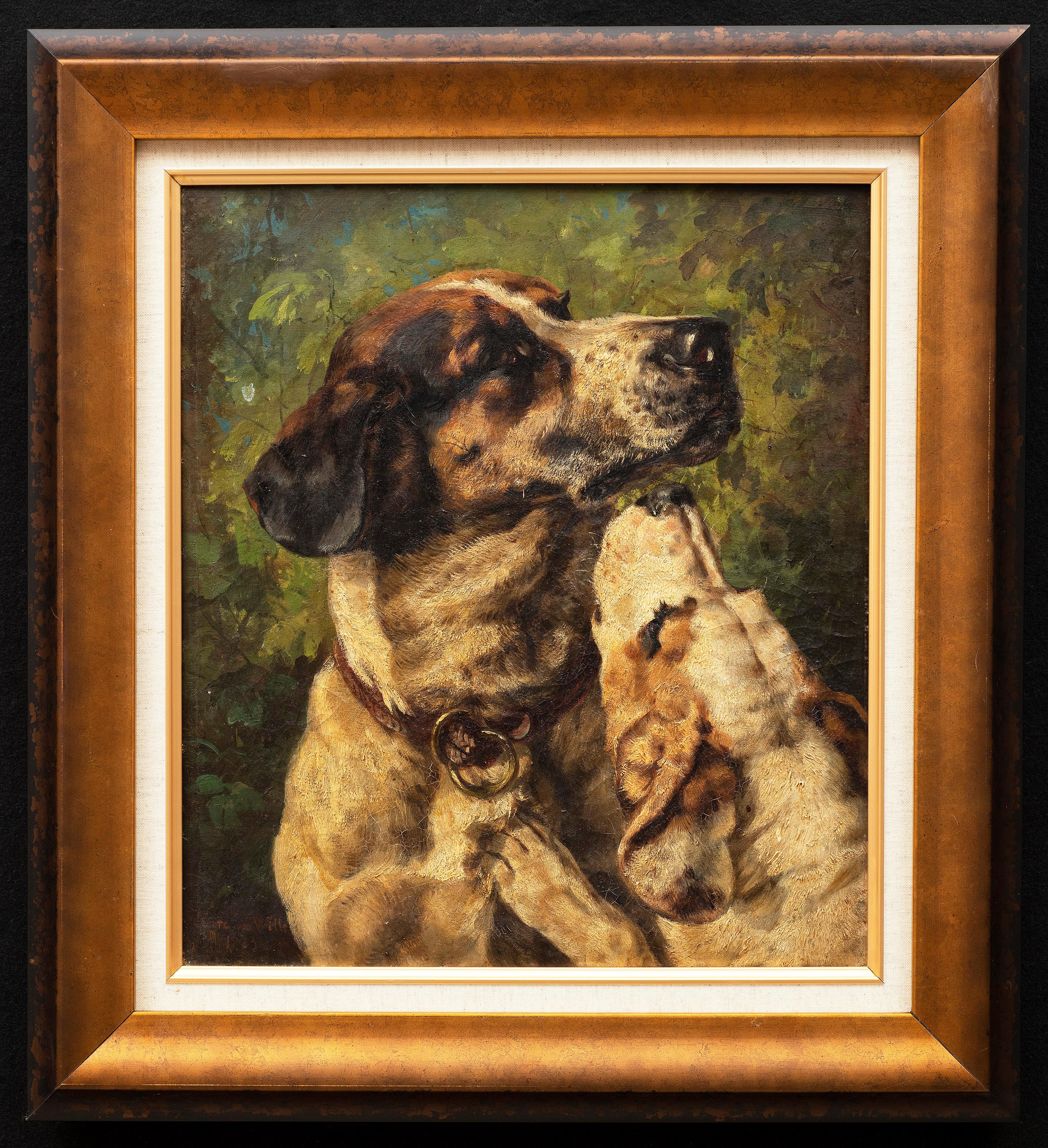 "Portrait of Two Dogs", 1873
Clara von Wille (German, 1838-1883)
Oil on canvas
Signed and dated lower left
17.88" x 15.5"

The following was translated from German:

Clara von Wille (German, 1838-1883) was the last of four daughters of the royal