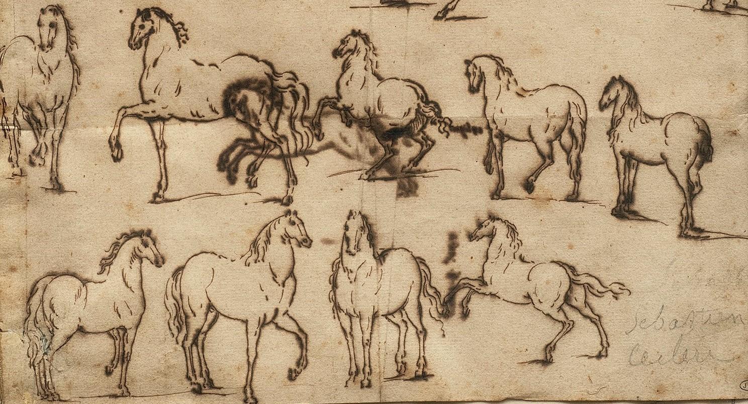 Studies of Horses
Sebastien Leclerc (French 1637-1714)
Pen and ink on paper
Inscribed on verso “Sebastien LeClerc”
13 ¼ x 8 ¾ (18 x 15 ½ frame) inches
Provenance: J. A. Duval Le Camus (1814-1876)

Sébastien Leclerc was a French artist from the Duchy