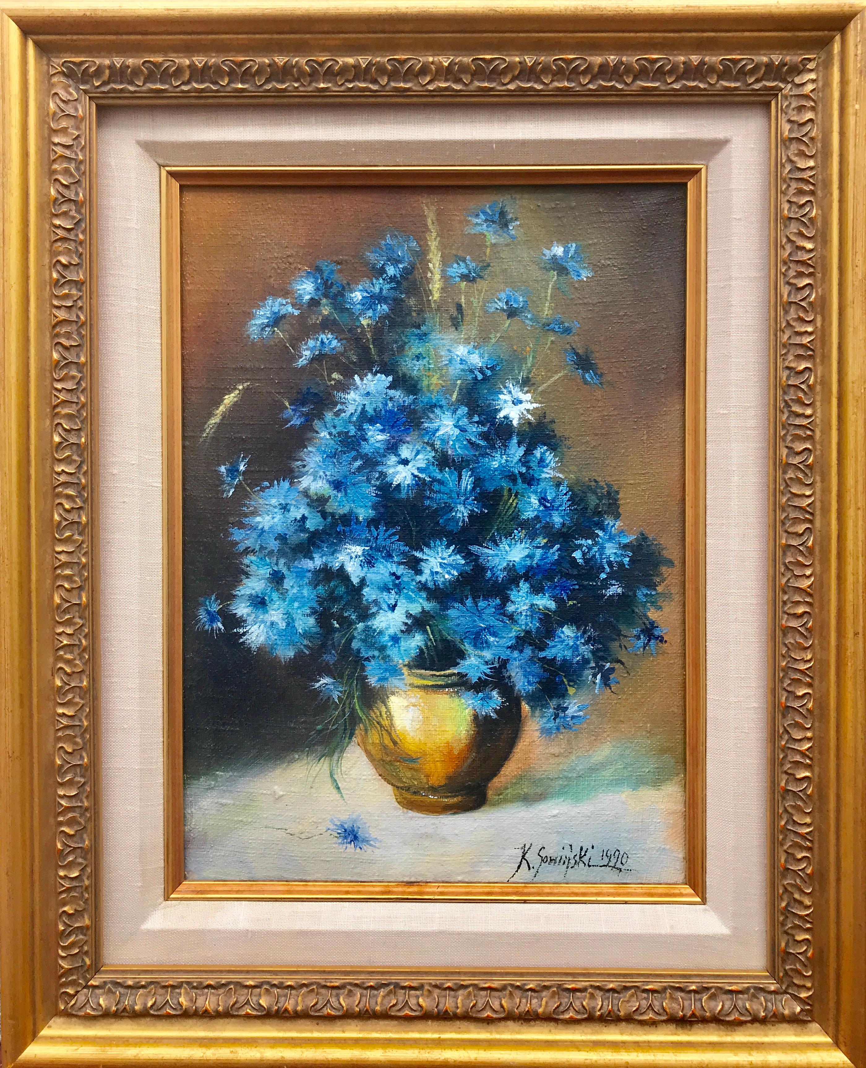 Marguerites bleues - Marron Still-Life Painting par Zaklad Stolarski