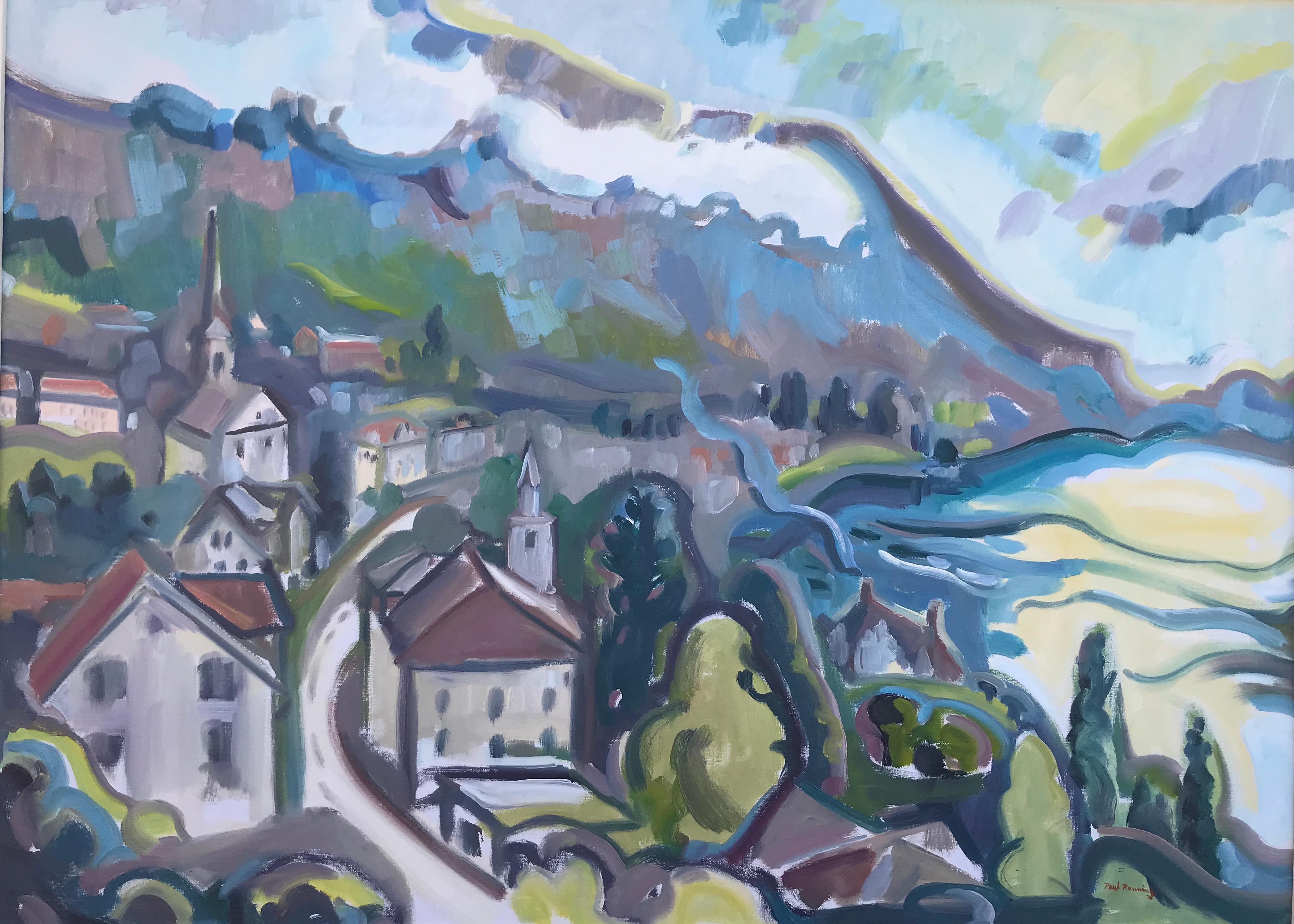 Paul D. Running Landscape Painting - “Town on Lake Lucerne”