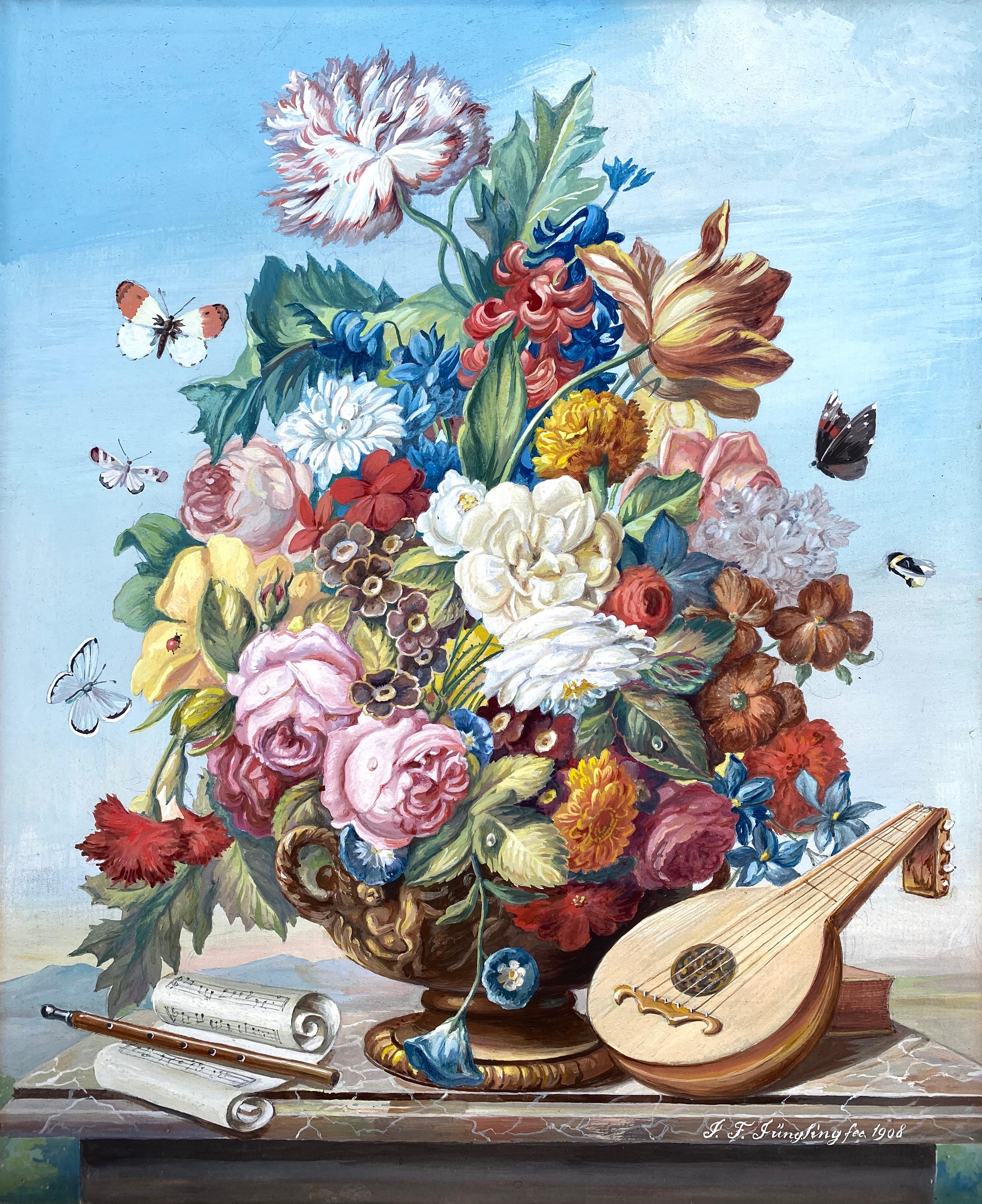 Friedrich Jungling Still-Life – Blumenstrauß mit Mandolin