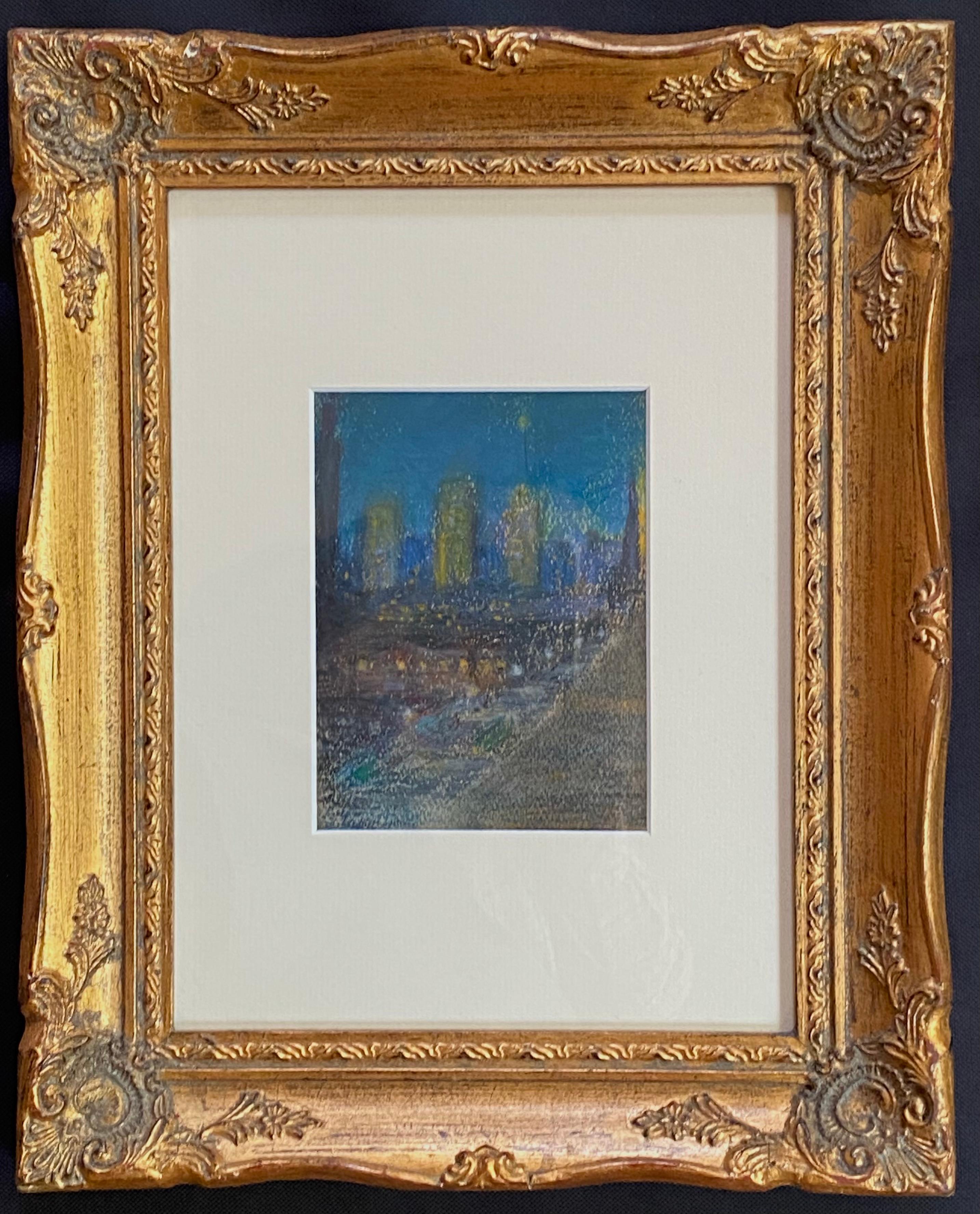 Circa 1920 original pastel on paper of a twilight view of New York City from the East River by George Gardner Symons.. Signed lower left. Condition is good. Minor loses; old tape verso. Signed verso as well. Framed in a vintage gold leaf frame.