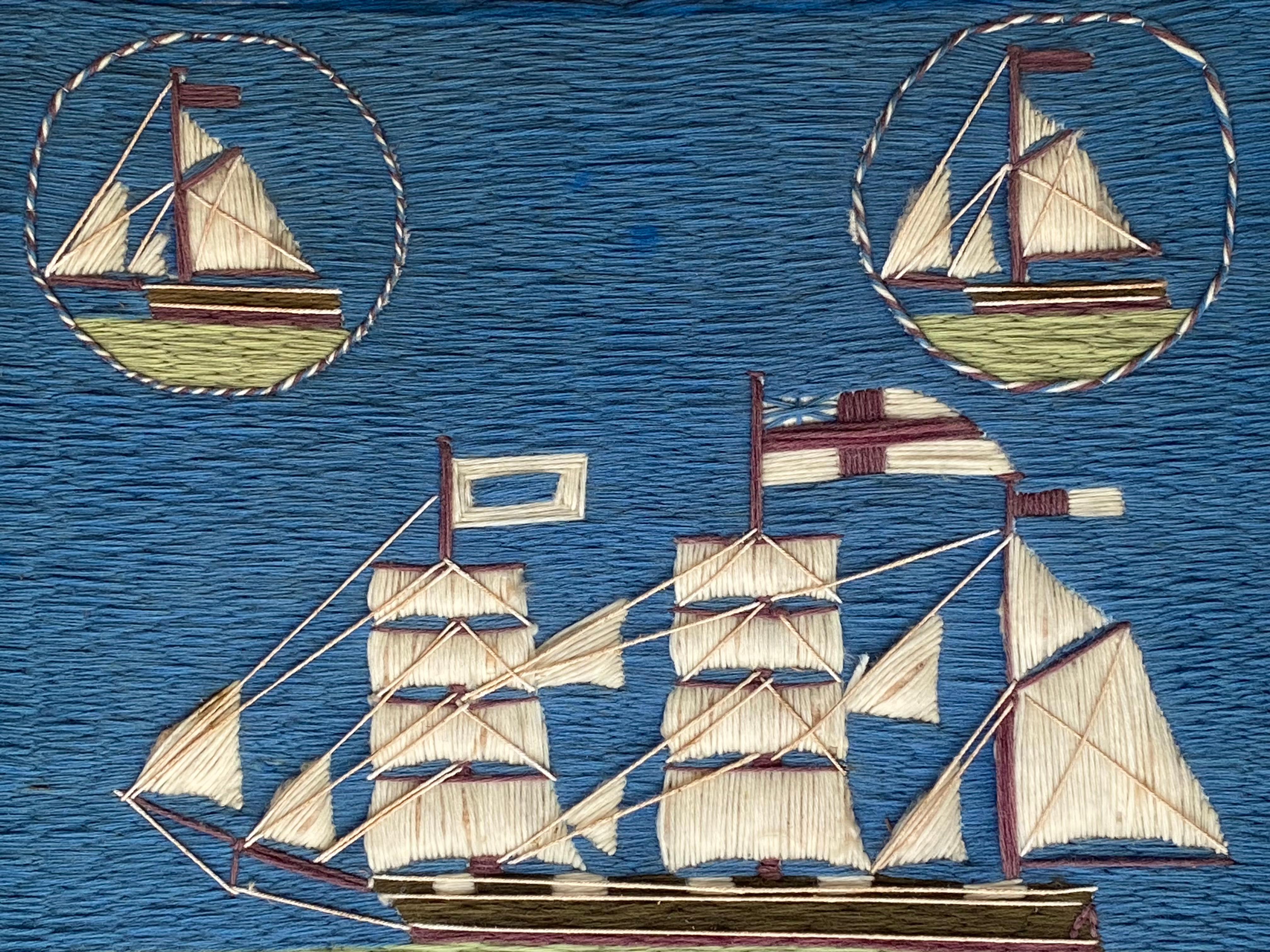Very rare crewel work artwork of a sailing ship with two sailboats decorated above the main vessel. Most likely American. Done in a primitive, naive style. Circa 1875 and in very good original condition. Unknown maker. Under glass. In original birds