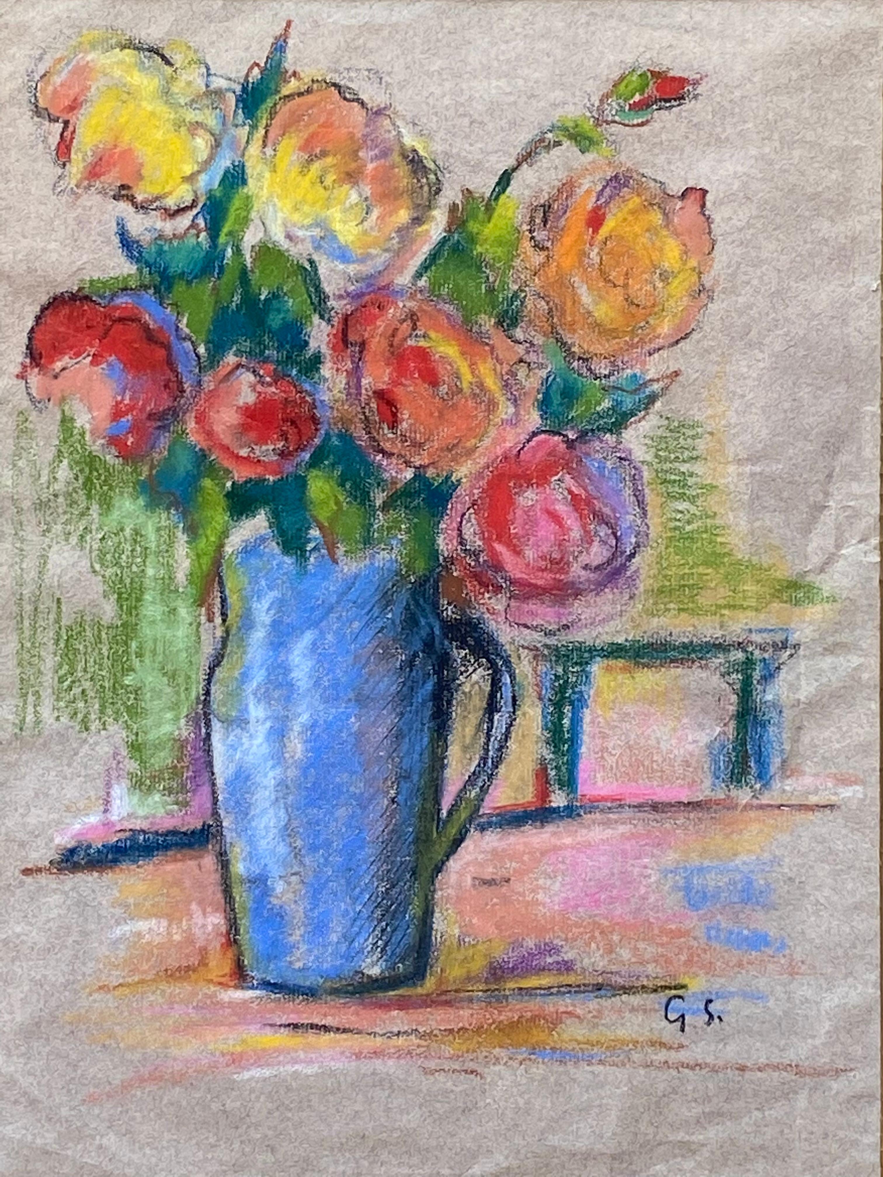 Very fine and vibrant oil pastel on archival paper of a spring bouquet by the well known French artist, Gaston Sebire.  Signed with the artist’s initials lower right. Circa 1960. Condition is very good.  Professionally matted and housed in its