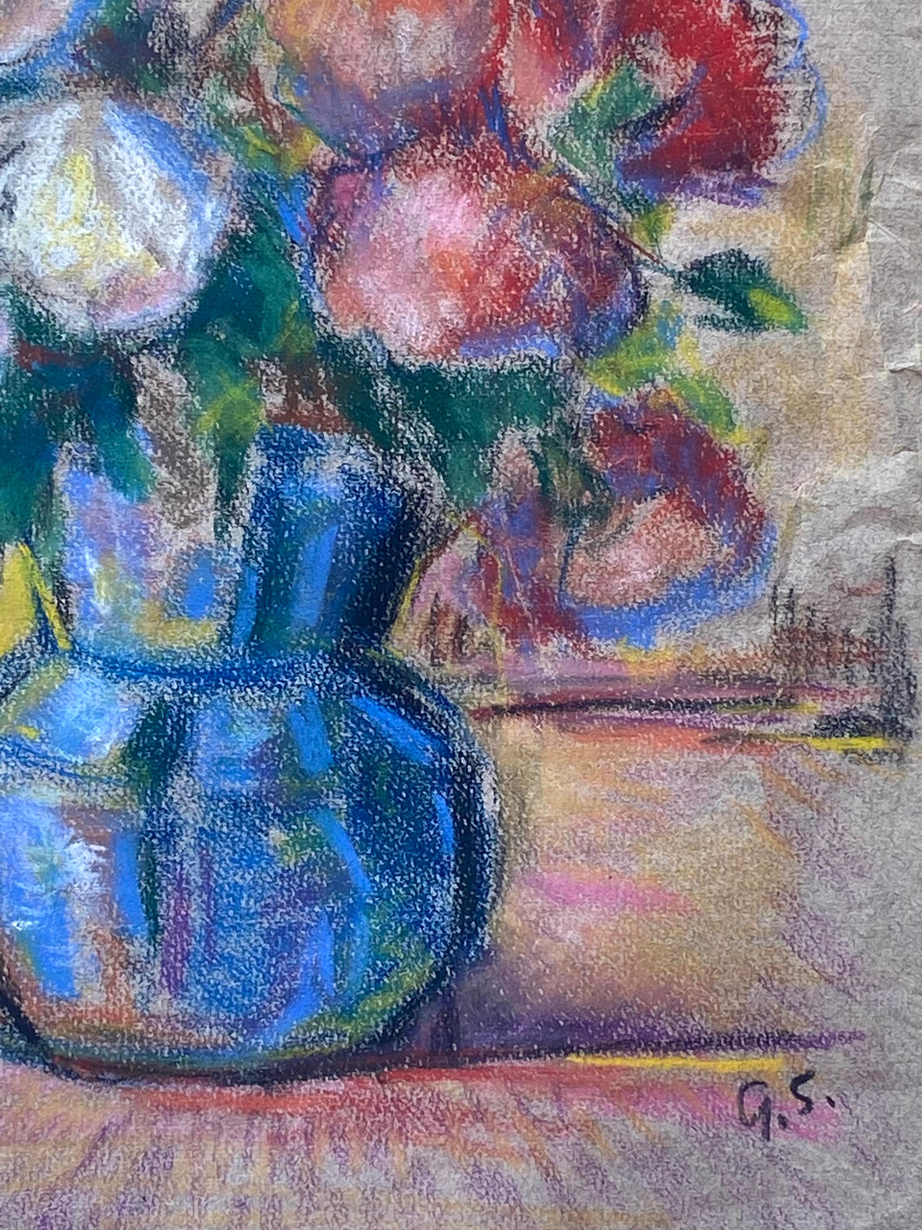 Here for your consideration is an original oil pastel on archival paper of a floral bouquet in a blue vase by the well known French artist, Gaston Sebire.  Signed with the artist’s initials lower right. Condition is good to very good.  The artwork