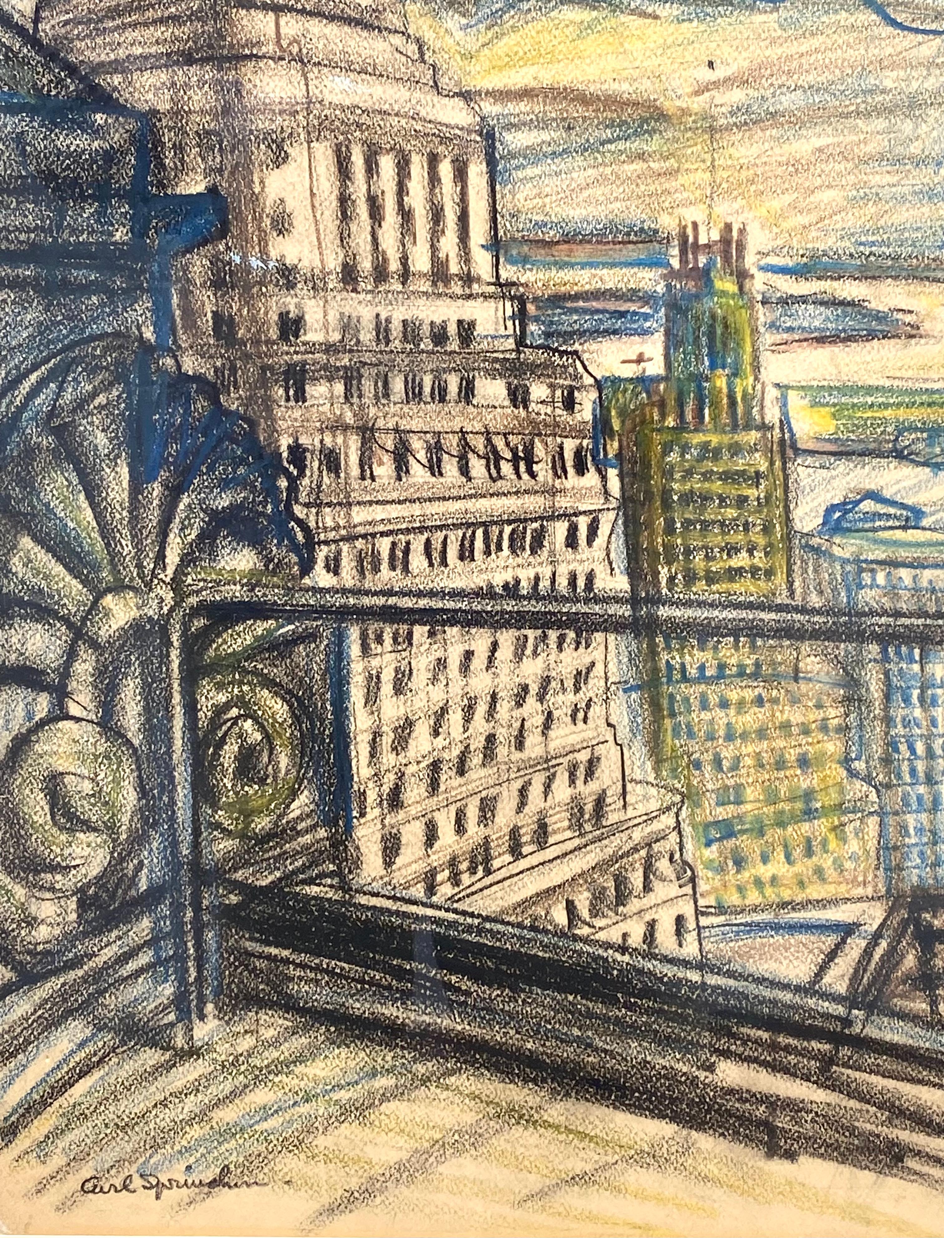 Moderno pastel al óleo original sobre papel de archivo de una vista desde un tejado de edificios y el puerto de Nueva York, del artista estadounidense de origen sueco Carl Sprinchorn.  Firmado abajo a la izquierda. Alrededor de 1950. El estado es