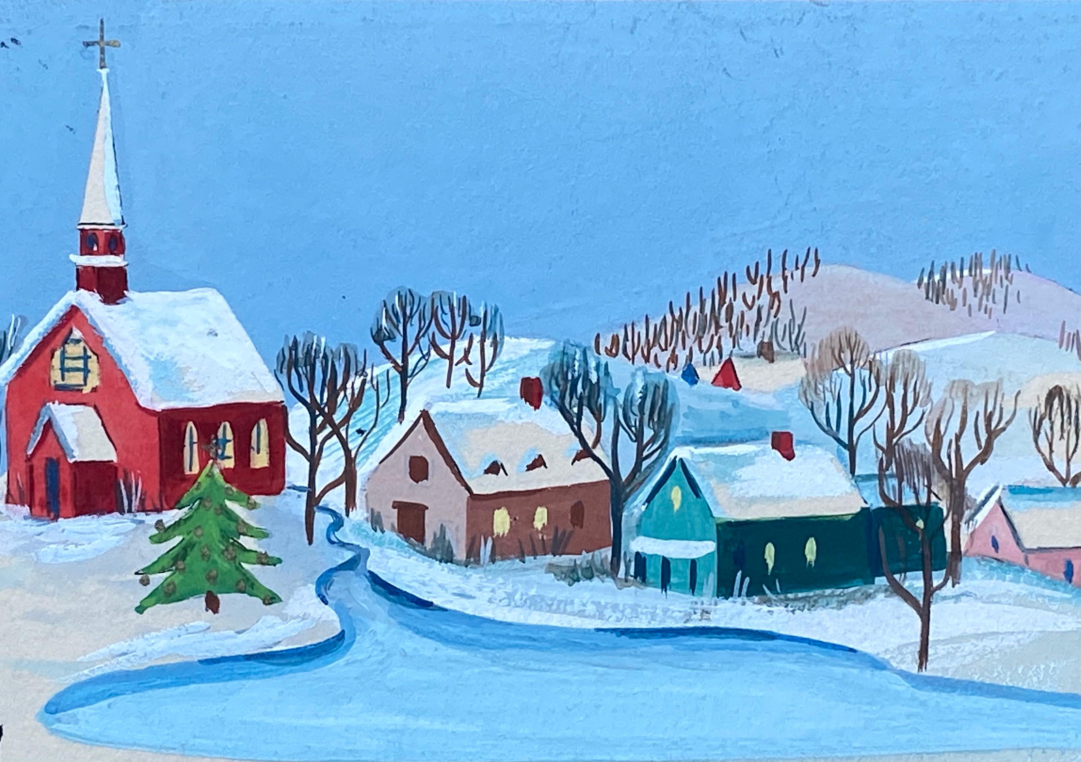 Originalkunstwerk für die Manville Card Company. Um 1975.  Der Zustand ist sehr gut. Aquarell und Gouache auf schwerem Karton.  Wird mit originaler Weihnachtskarte mit Notizen verkauft. Blattgröße 9 x 10 Zoll.  Das Kunstwerk ist 7,5 x 9 Zoll groß.