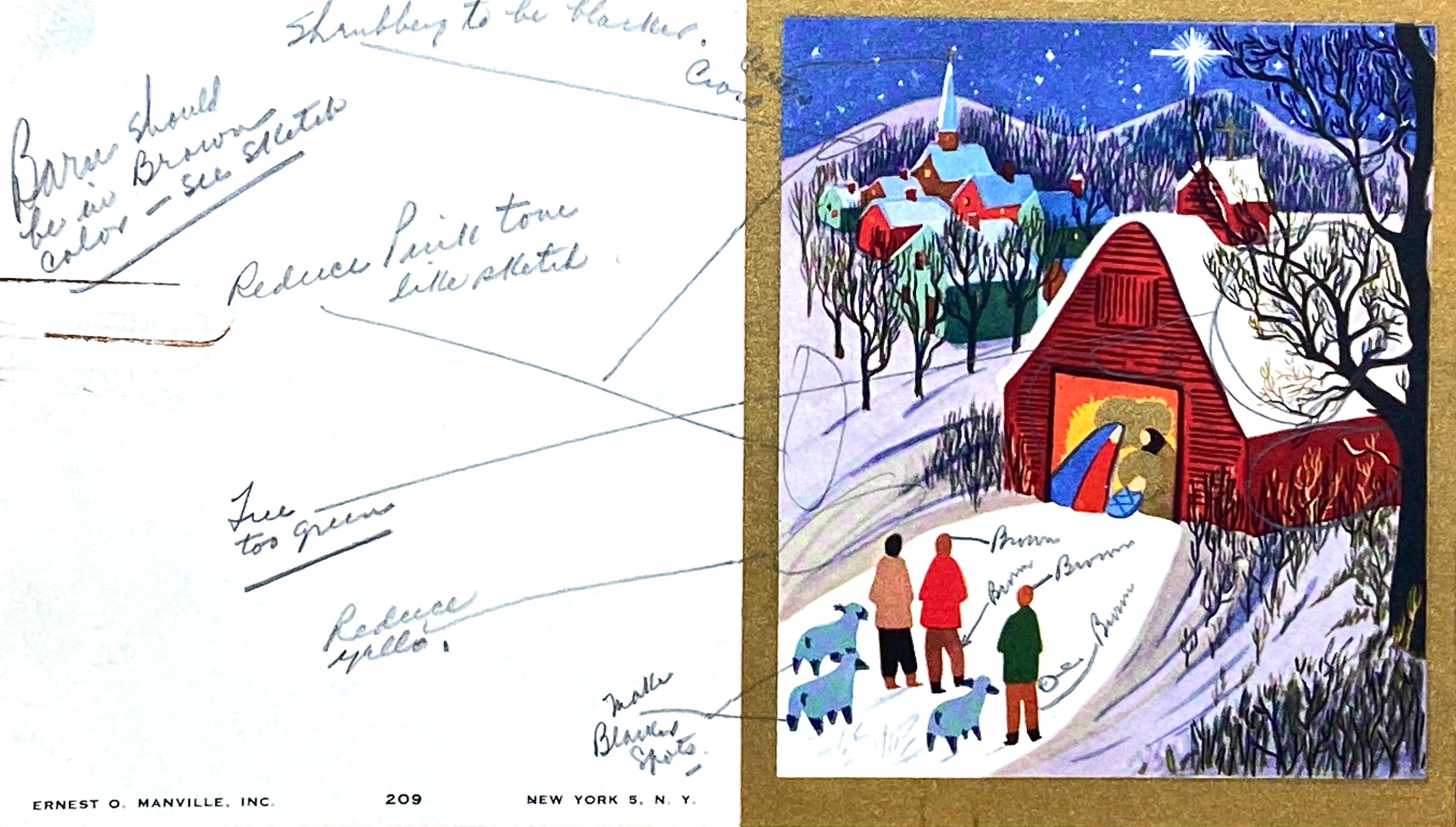 Original artwork for Manville Card Company. Circa 1975.  Condition is very good. Watercolor and gouache on heavy card stock.  Will be sold with original Christmas card with notations. Sheet size 10 by 9 inches.  Artwork size is 9 by 7.5 inches.