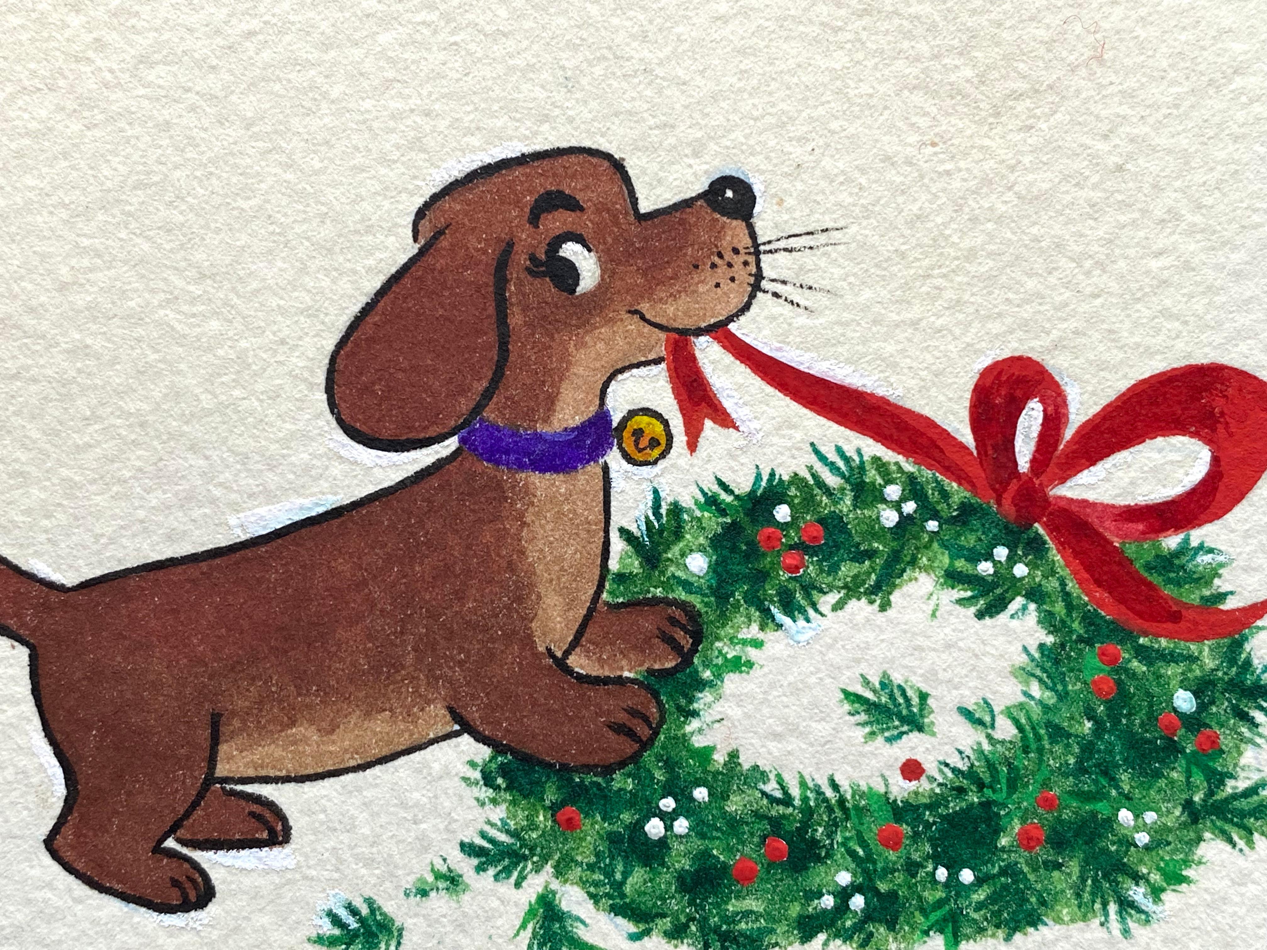 “Puppy with Christmas Wreath” - Art by Unknown