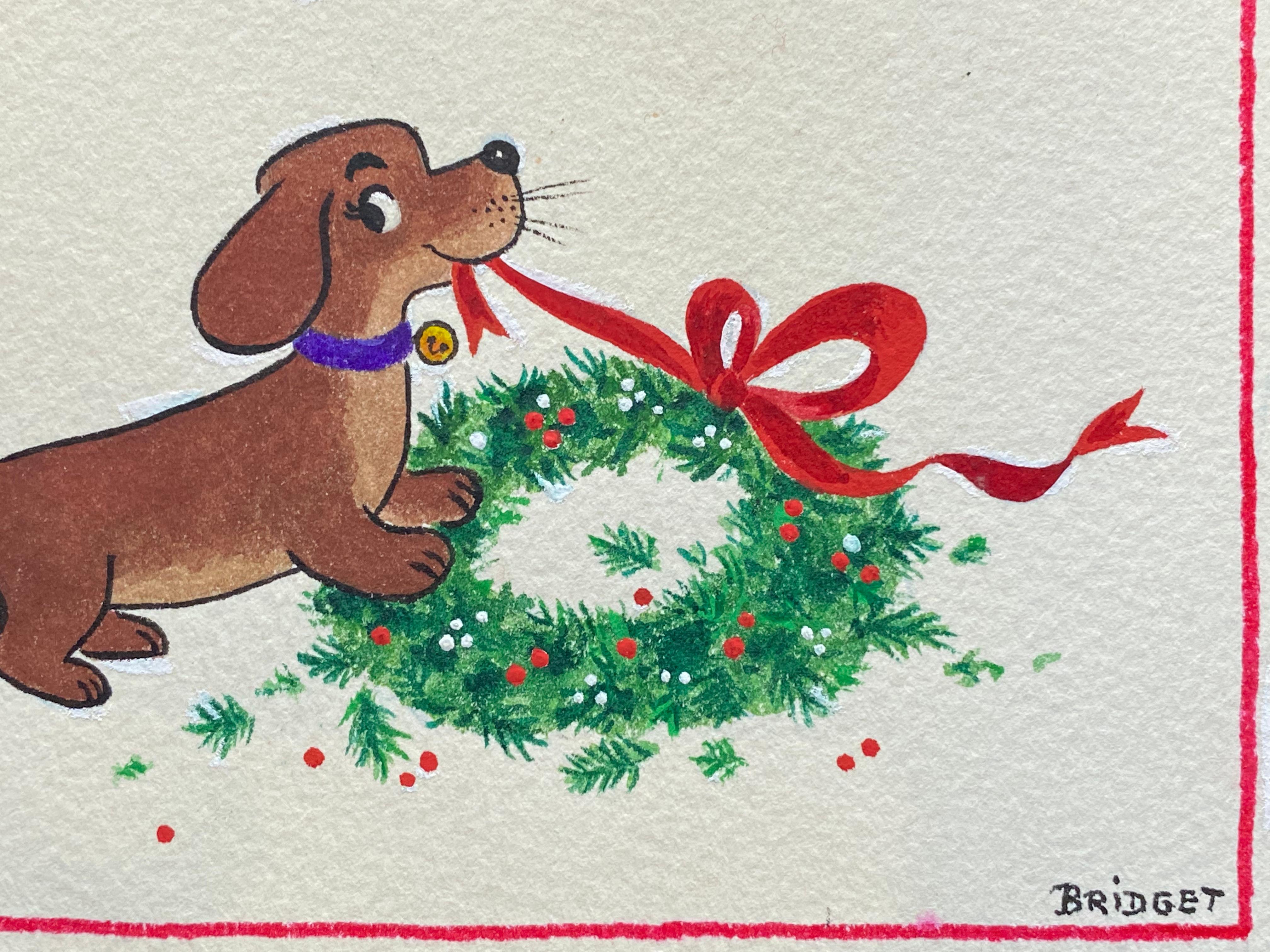 “Puppy with Christmas Wreath” - Other Art Style Art by Unknown
