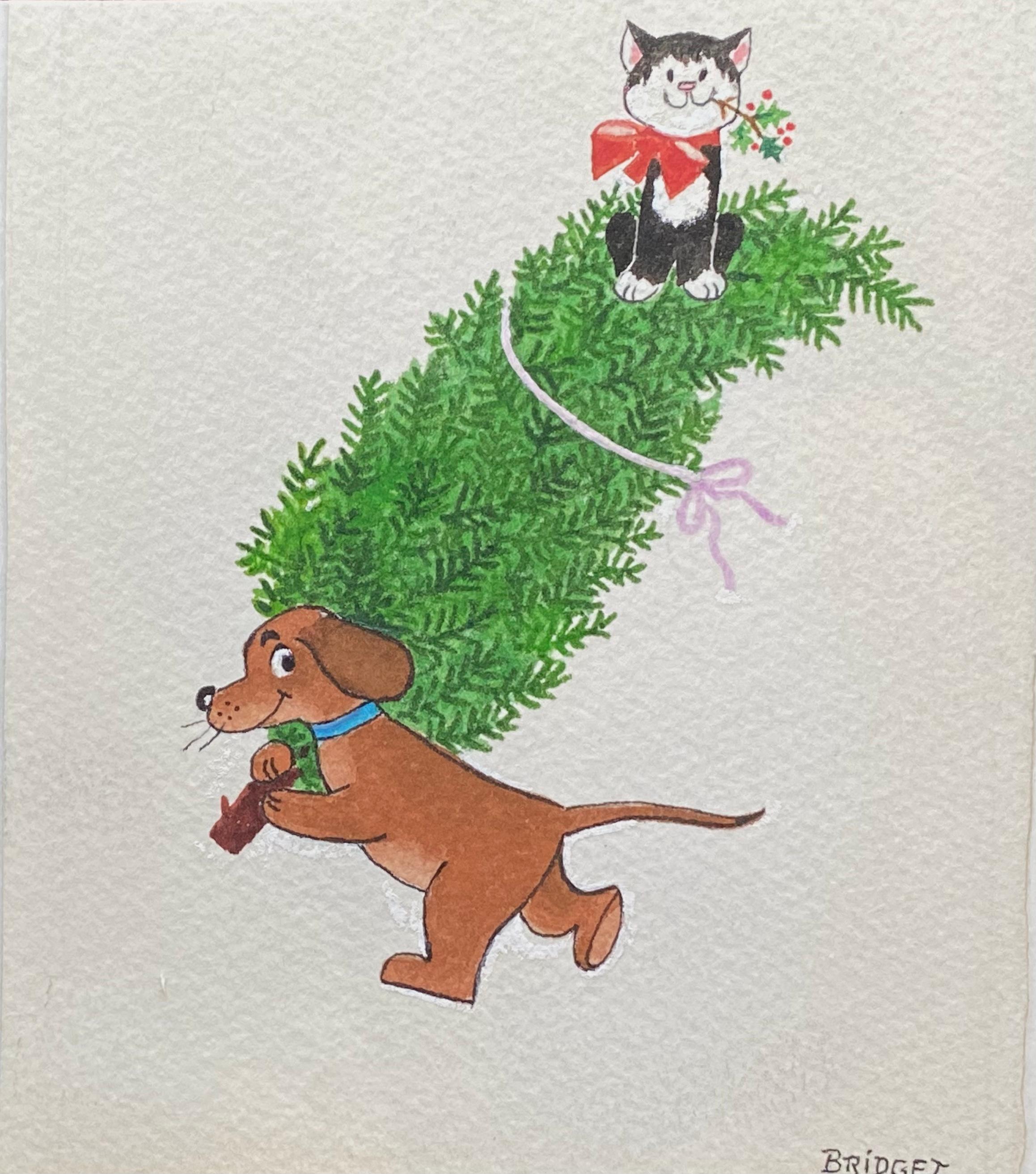 Unknown Animal Art - “Puppy with Christmas Tree & Kitty”