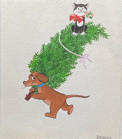 Vintage “Puppy with Christmas Tree & Kitty”