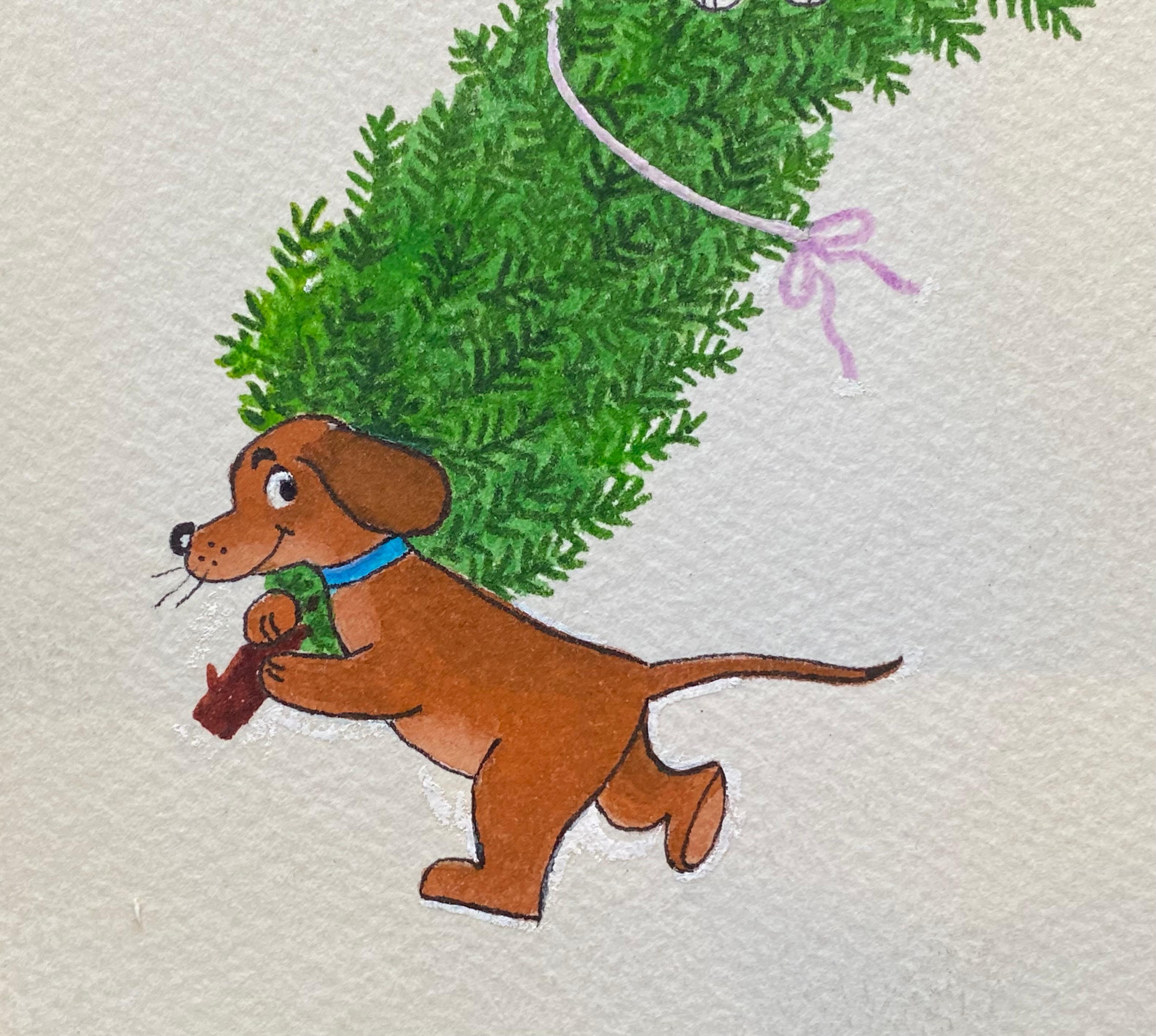 “Puppy with Christmas Tree & Kitty” - Art by Unknown