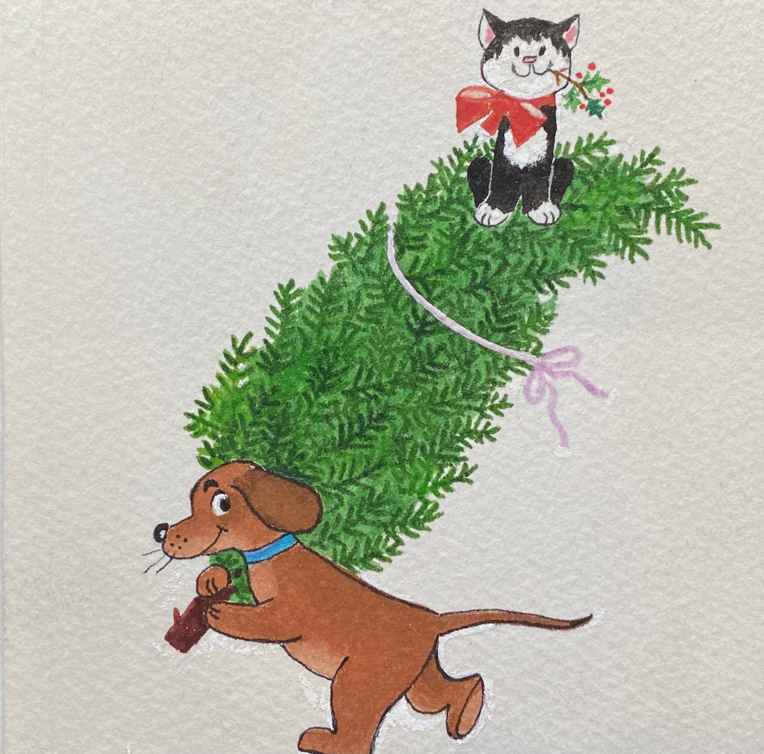 “Puppy with Christmas Tree & Kitty” - Other Art Style Art by Unknown