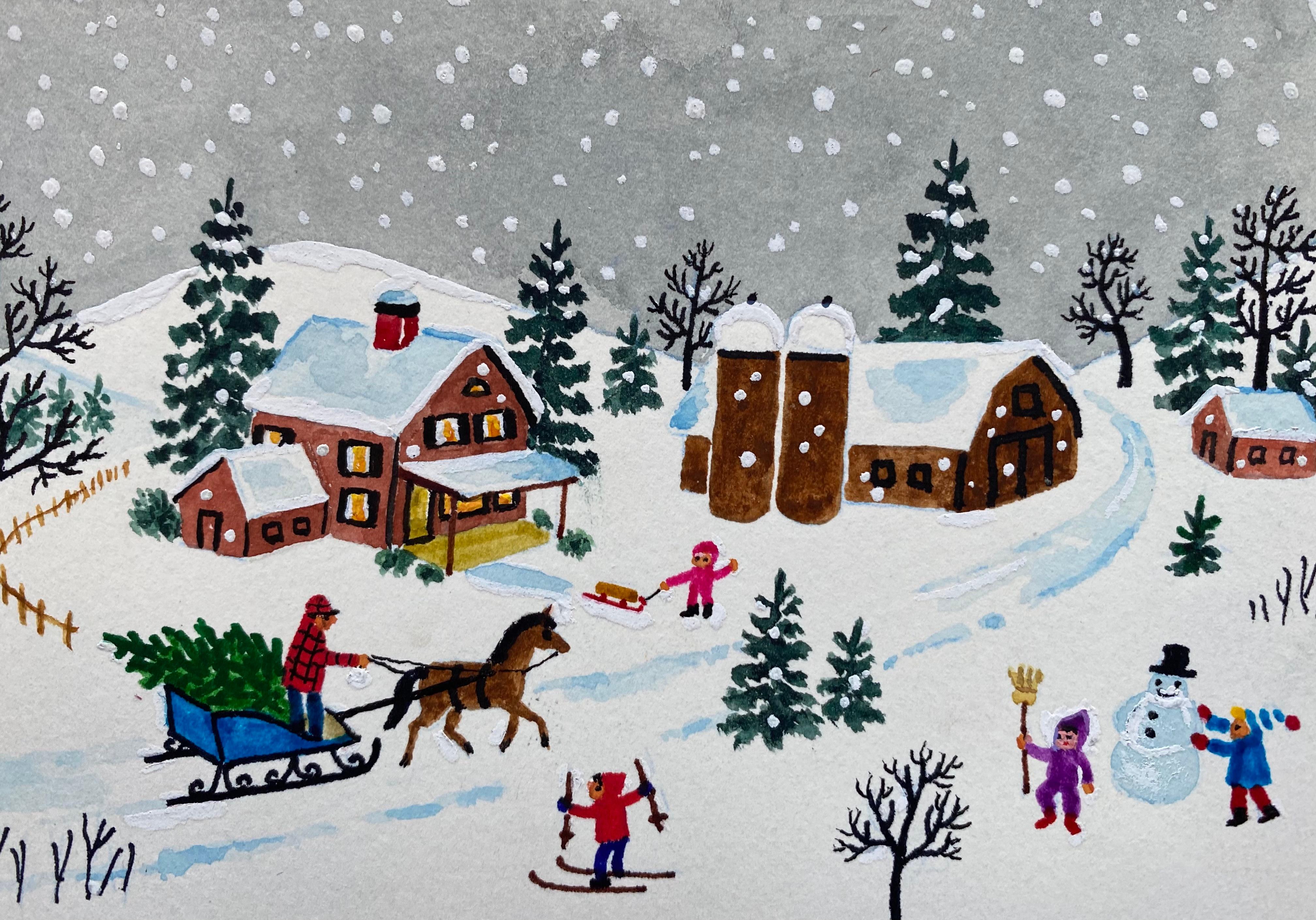 Ilustración original compuesta de acuarela y gouache sobre papel de archivo realizada por Bridget y utilizada como tarjeta de felicitación navideña por la Fravessi Card Company en 1980.  Firmado Bridget abajo a la derecha. El estado es excelente. 