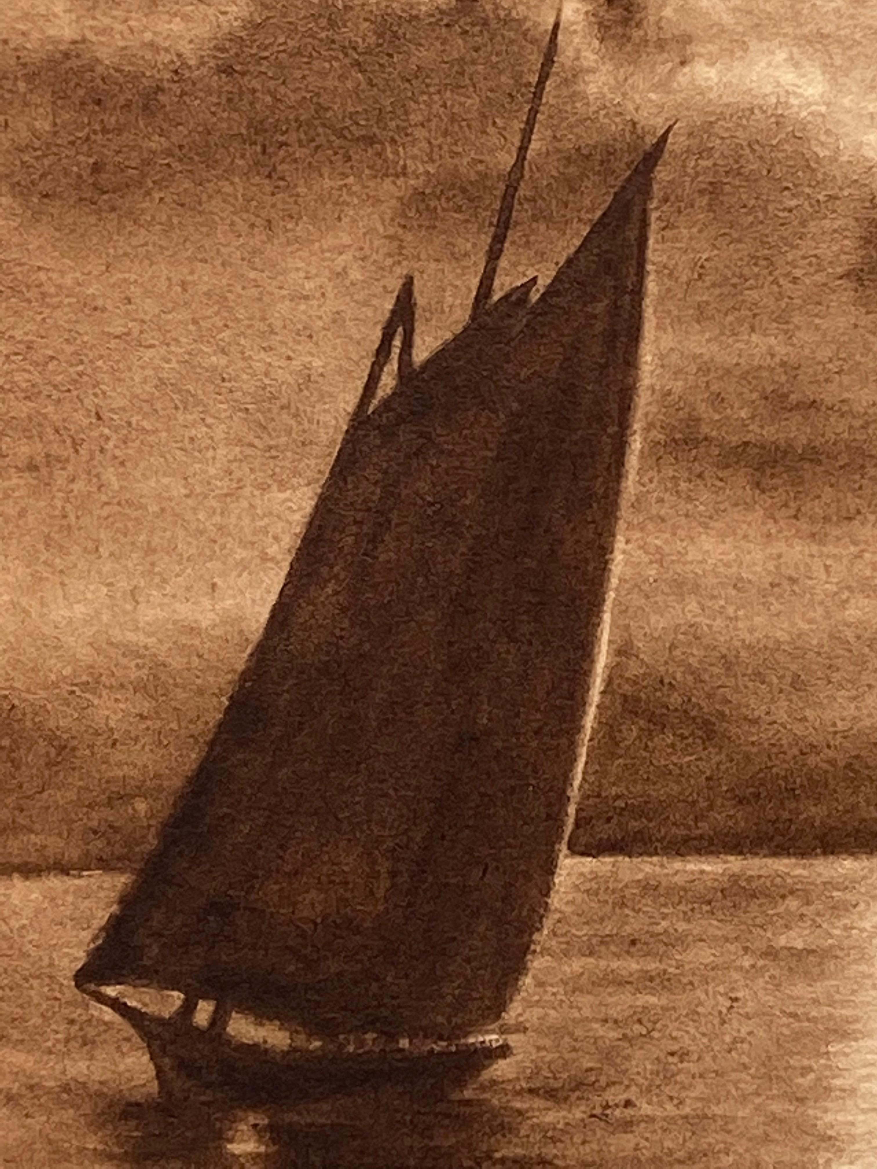 Beautiful, serene sepia watercolor of a moonlight sail on archival paper attributed to Robert Montgomery.  Signed lower left. Condition is excellent. Recently professionally matted but not framed. Circa 1890.  Provenance:  A Red Bank, New Jersey
