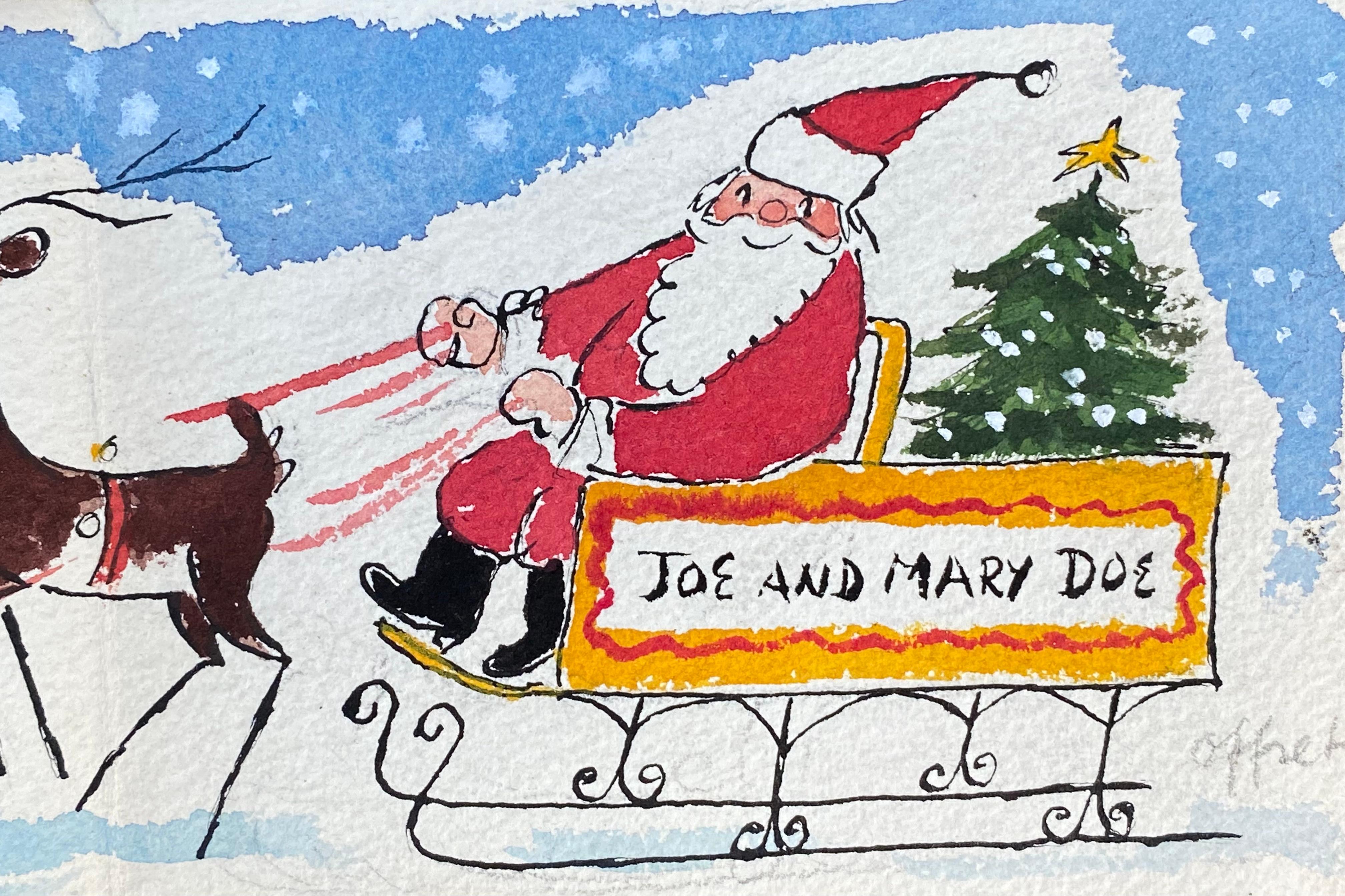 Original, circa 1975 artwork for a Christmas card by unknown maker.  Unsigned.  Two fold up card.  Condition is good.  Pencil notes in numerous places.  Newly professionally matted.  Unframed. Provenance:  A Long Island, New York collector.