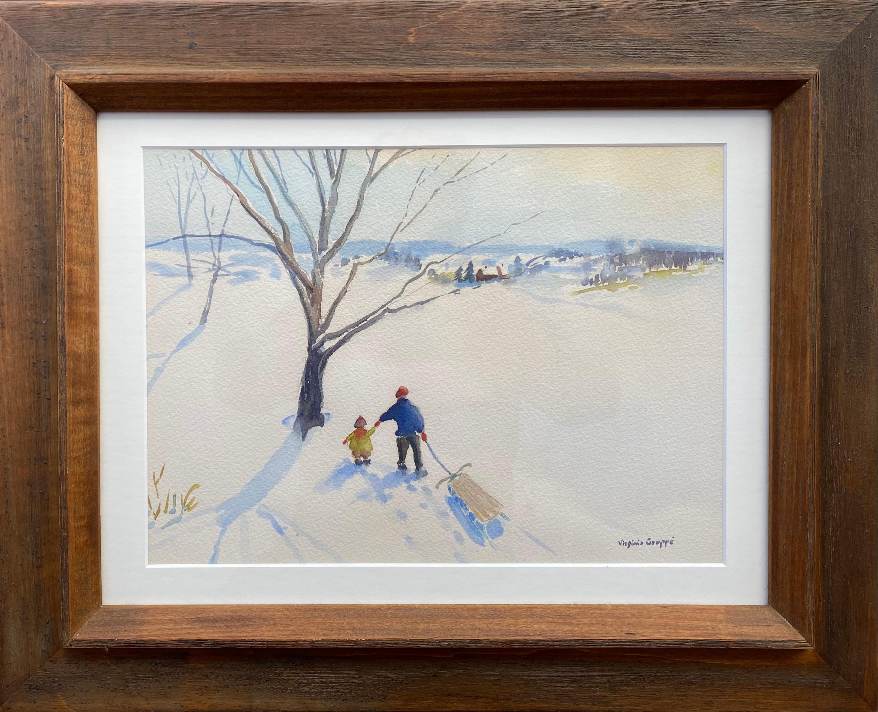 Original watercolor on paper of a man and his child heading home after a day of snow sleighing.  Signed lower right. Circa 1950. Condition is excellent. Under glass.  The watercolor is housed In its original grey washed wood frame. Overall framed