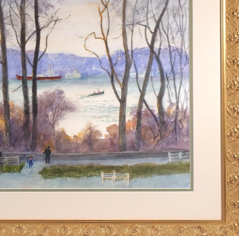 Here for your consideration is a finely executed watercolor and gouache on archival paper by the American Watercolor Society artist, Robert Dumas Barrett.  The scene is along the Hudson River to the of New York City on the Palisades side of the