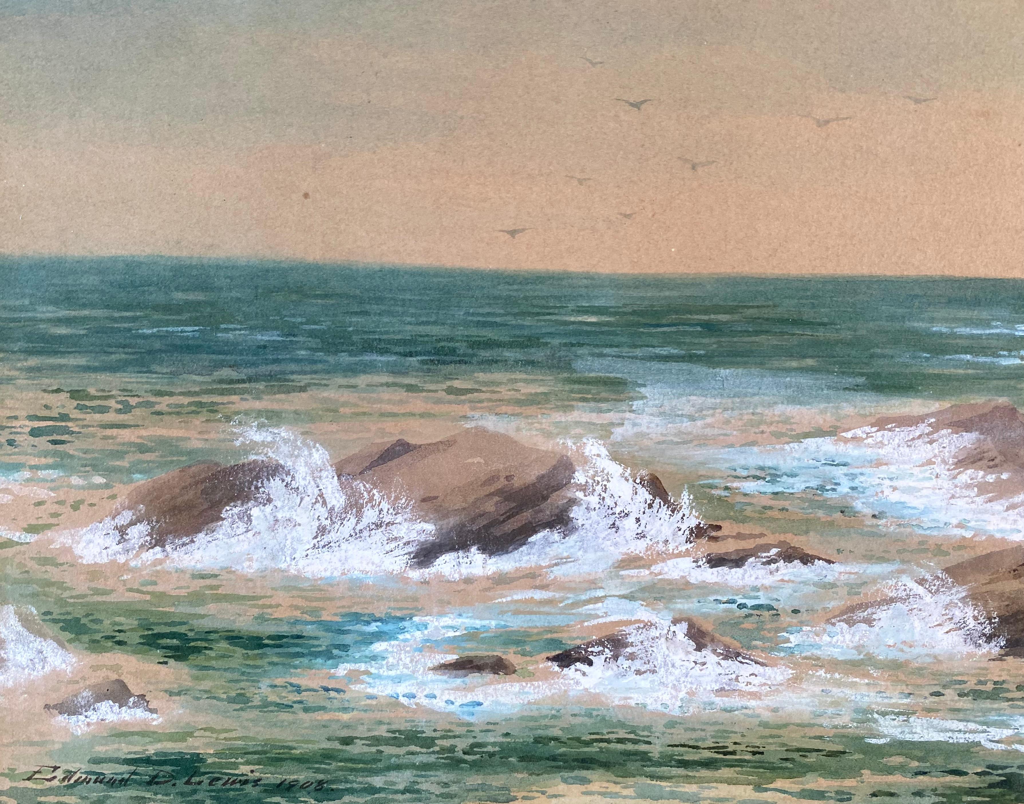 Bellissimo acquerello e gouache che raffigura le onde che si infrangono sulle rocce lungo la riva, opera del famoso artista americano Edmund Darch Lewis.  Firmato in basso a sinistra e datato 1908.  Le condizioni sono eccellenti. Il dipinto è