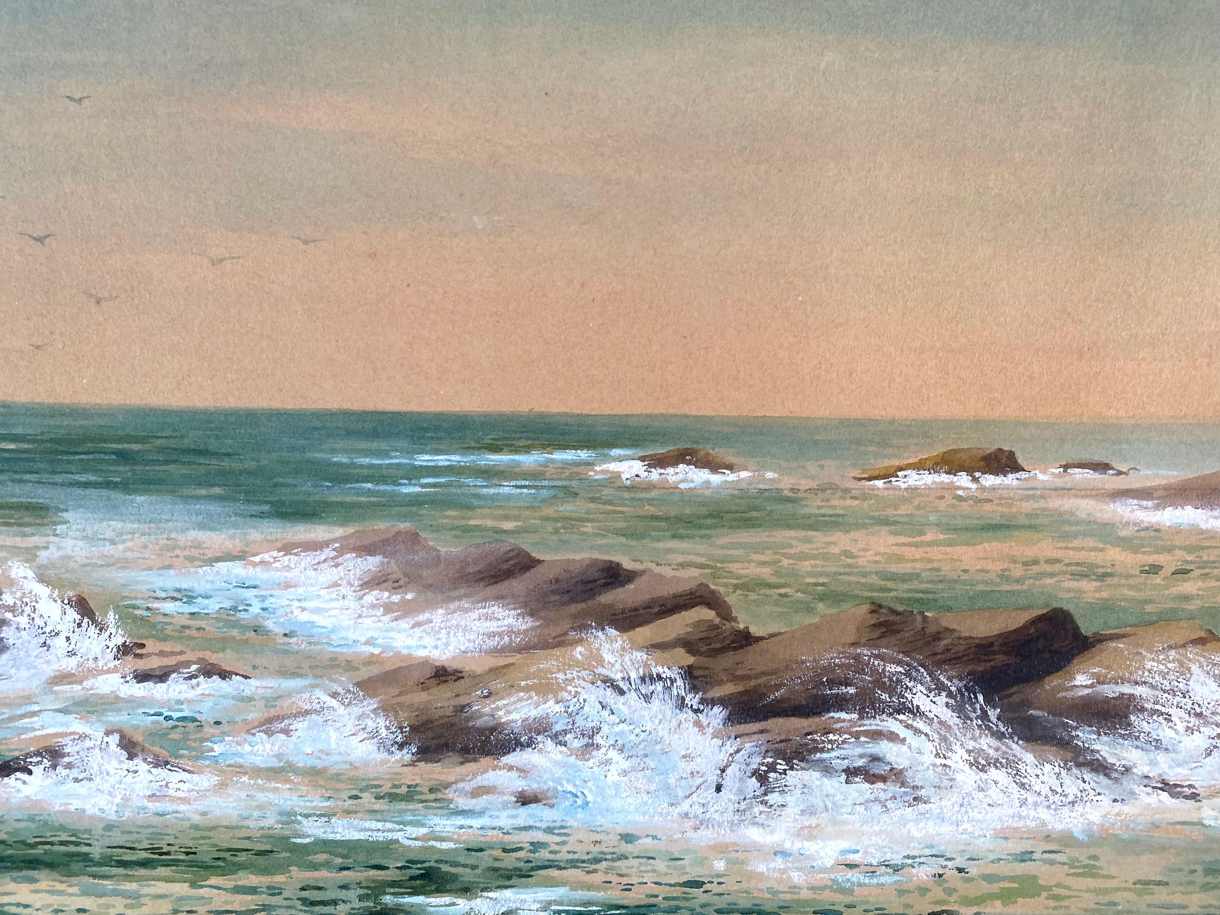 Schönes Aquarell und Gouache-Gemälde von Wellen, die an den Felsen entlang der Küste brechen, von dem bekannten amerikanischen Künstler Edmund Darch Lewis.  Signiert unten links und datiert 1908.  Der Zustand ist ausgezeichnet. Das Gemälde ist in