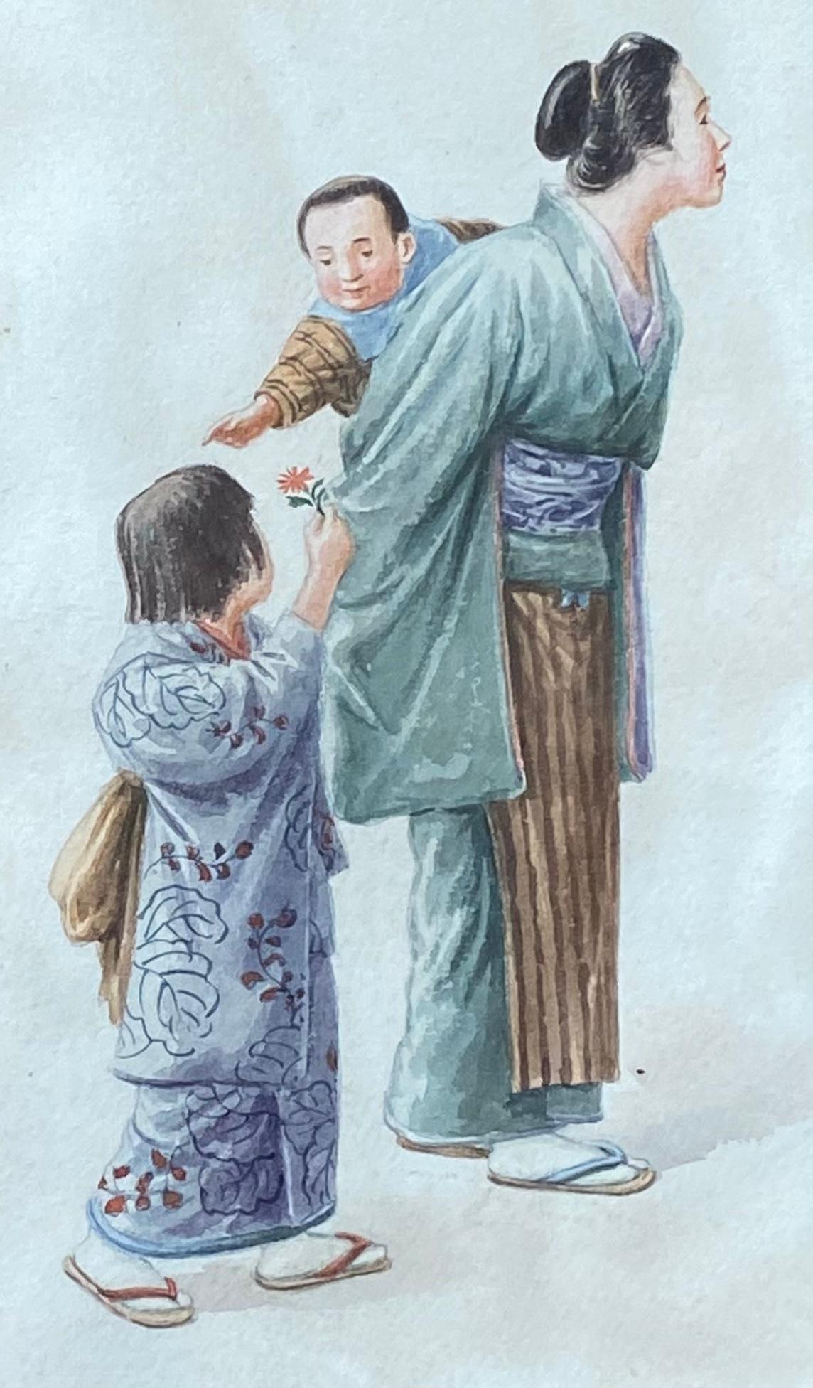 
Original watercolor on archival paper of a mother and her children by the Japanese artist, Takashi  Nakayama.  Signed in watercolor lower left. Circa 1925.  Condition is very good.  Overall framed in contemporary marblized gold and black frame 16