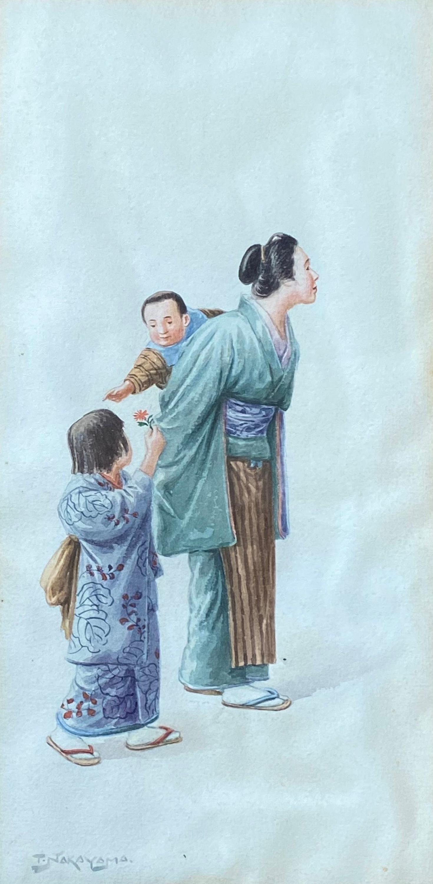 
Original watercolor on archival paper of a mother and her children by the Japanese artist, Takashi  Nakayama.  Signed in watercolor lower left. Circa 1925.  Condition is very good.  Overall framed in contemporary marblized gold and black frame 16