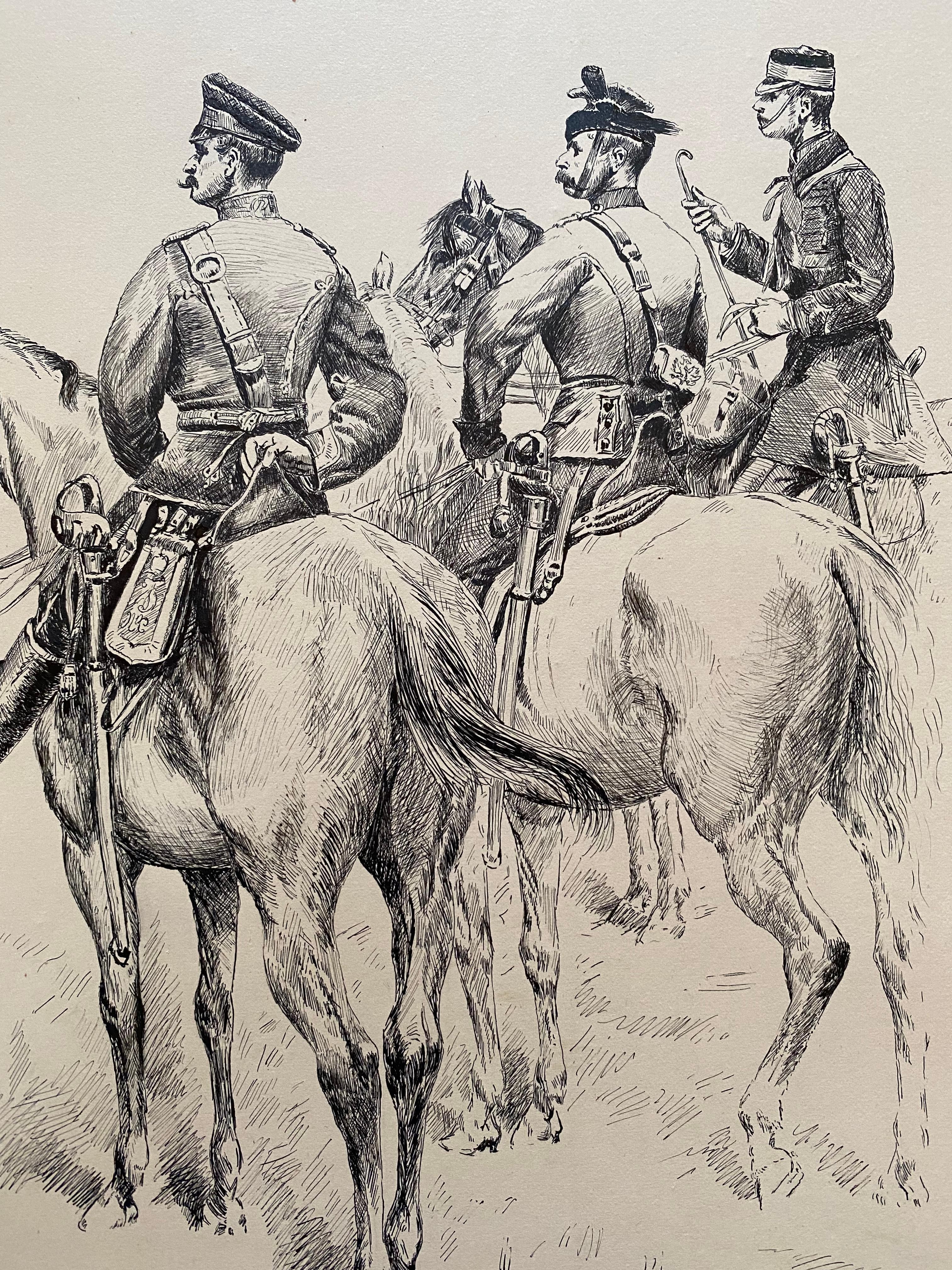 Originale Feder- und Tuschezeichnung auf schwerem Karton von französischen Soldaten zu Pferd von dem bekannten französischen Militärkünstler Edouard Detaille.  Signiert unten links und datiert 1882.  Der Zustand ist sehr gut. Die Zeichnung ist in