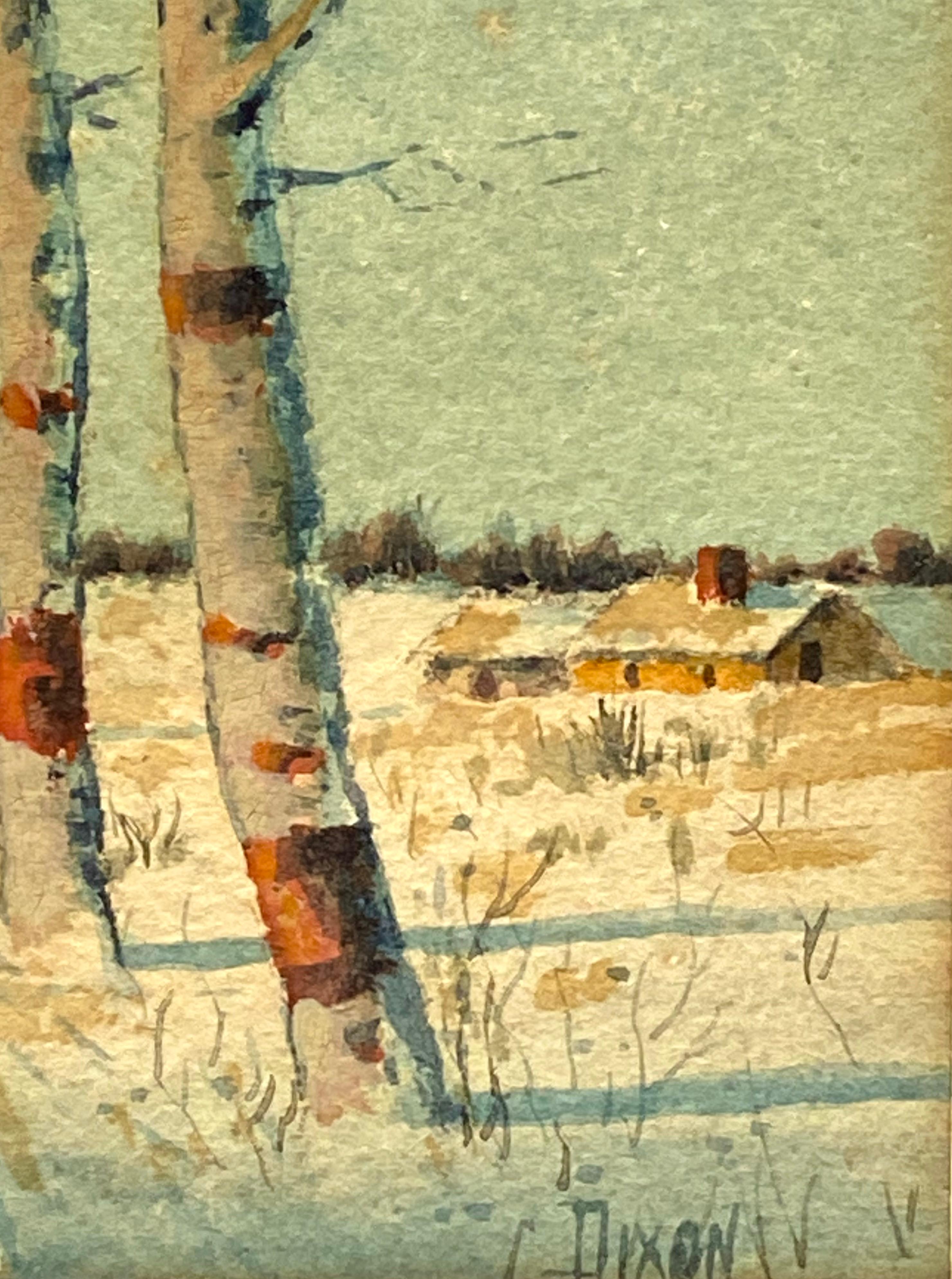 

Original watercolor and gouache on archival paper of birch trees in winter along a fenced roadway with a quaint home in the background.  Signed lower right. Condition is excellent.  Circa 1960.  The watercolor is in a solid mahogany frame under UV