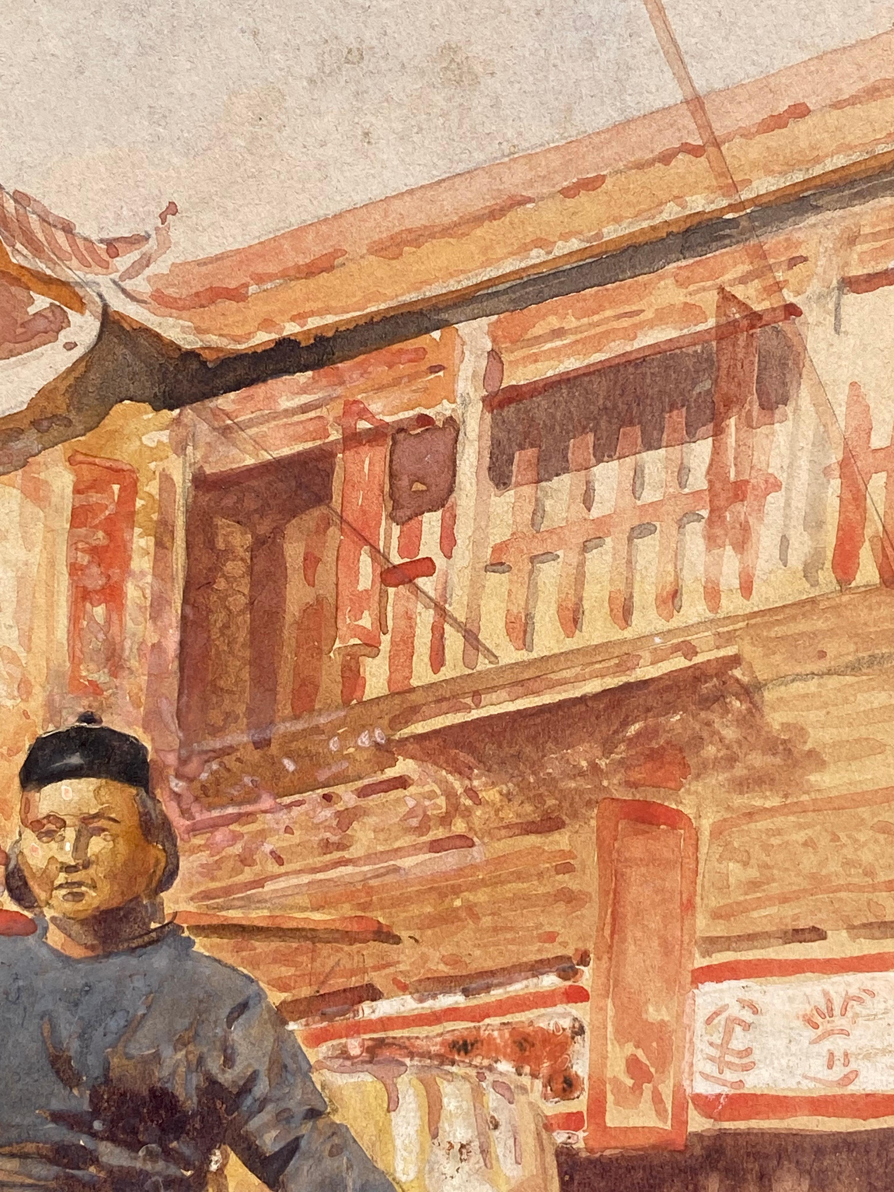 Original-Aquarell und Gouache auf Papier einer Straßenszene in Tsingtao, China, aus dem Jahr 1912 von dem amerikanischen Illustrator William Henry Drake. Copyright, signiert und datiert 1912 unten links. Der Zustand ist gut. Kürzlich professionell