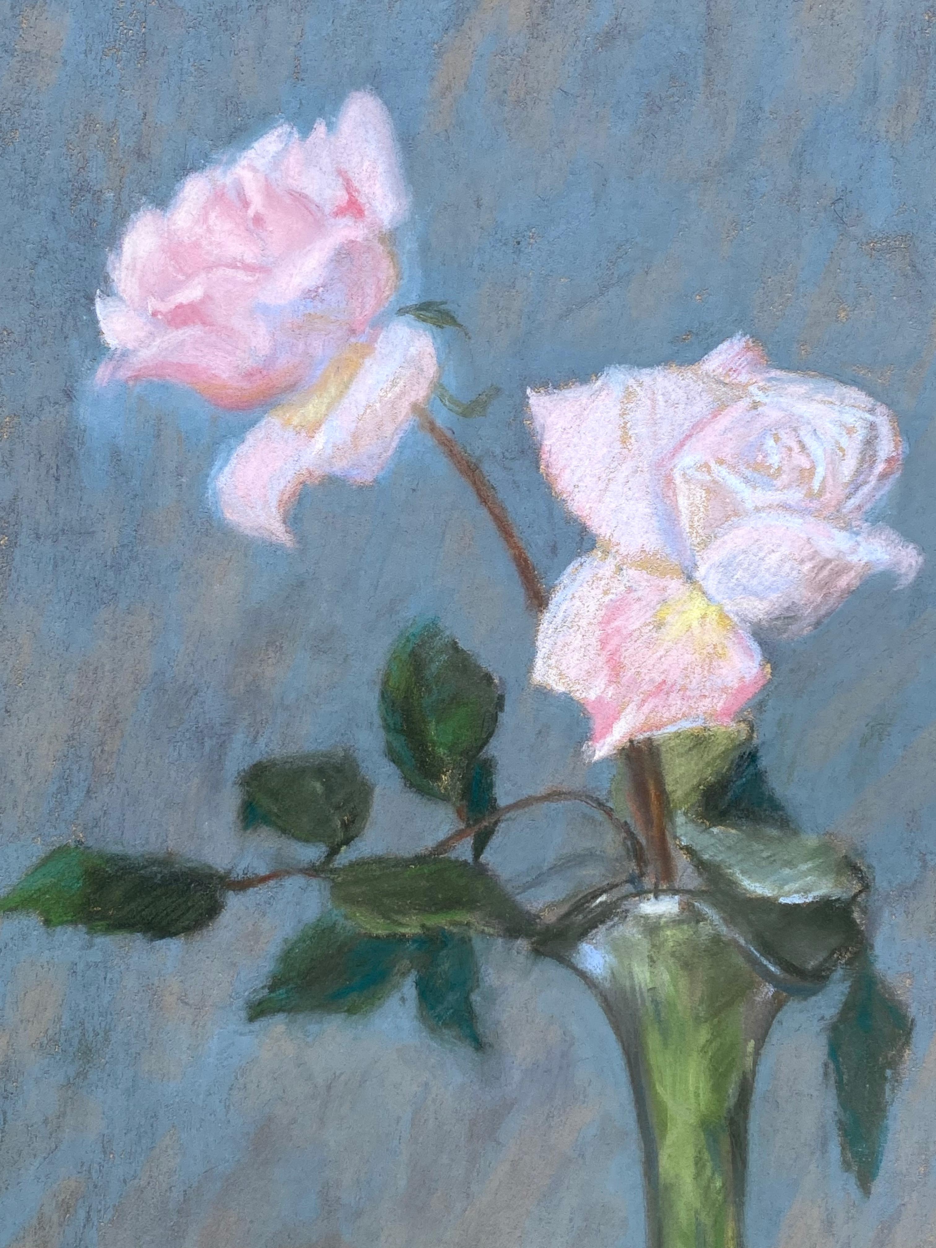 
Original delicate pastel on fiberboard of a pair of roses in a vase by the American artist, Mabel Bacon Plimpton English.  Signed lower left. Condition is excellent.  Circa 1925. The painting is housed in a contemporary gold gallery frame with new