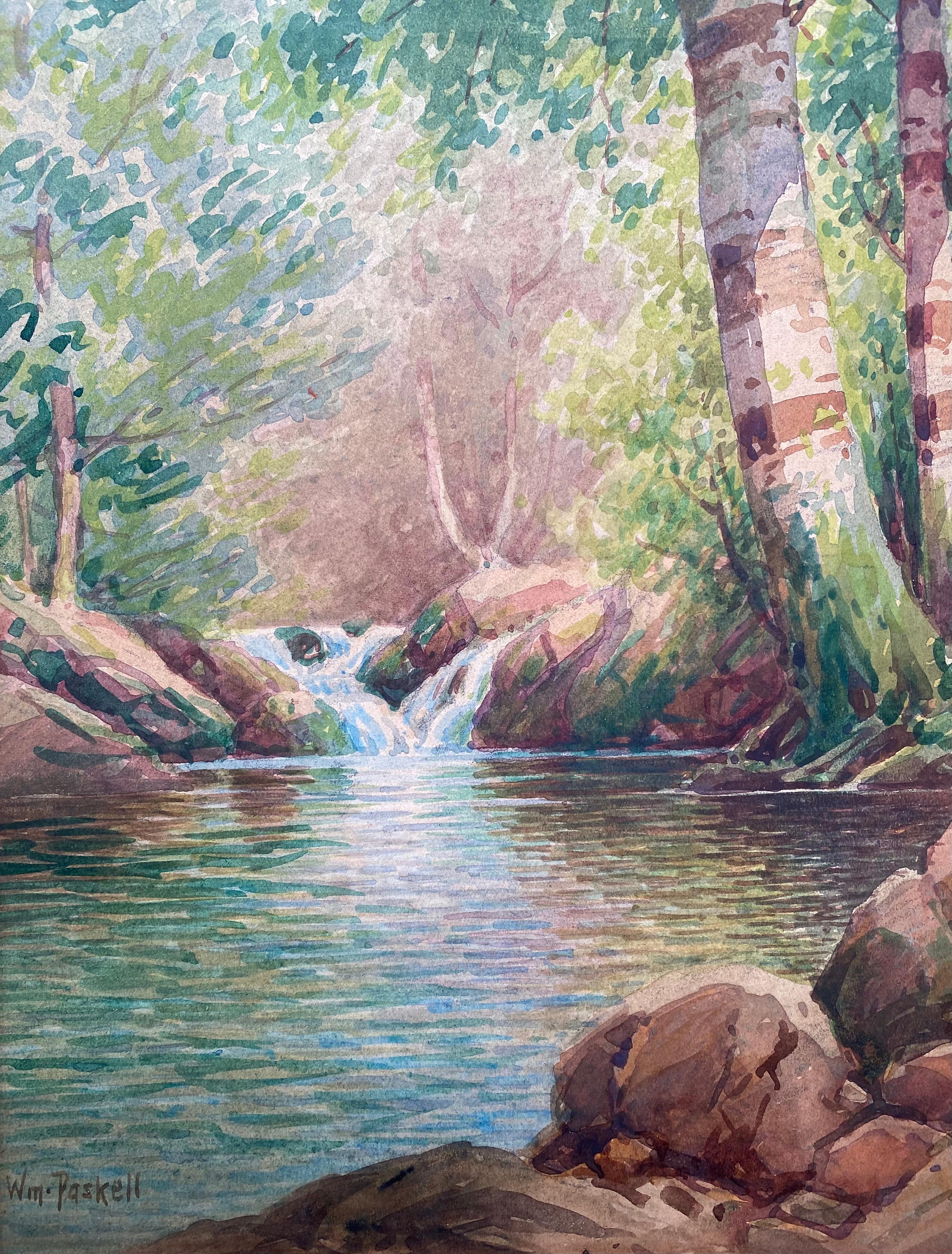 Aquarell-Wasserfall mit Birken (Post-Impressionismus), Art, von William Frederick Paskell 