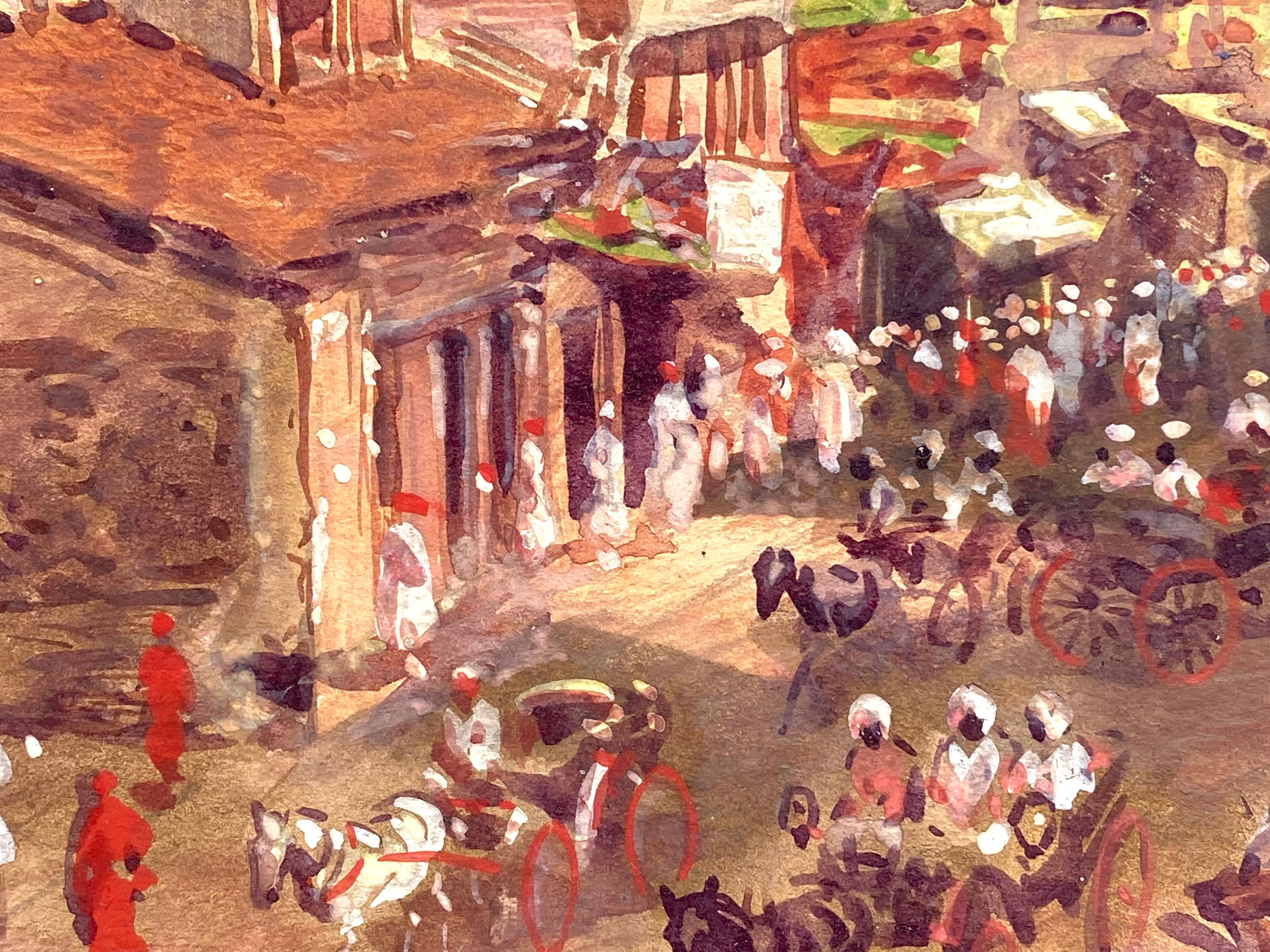 Original watercolor and gouache on paper of a busy street scene in India done in 1912 by the American artist, William Henry Drake.  Copyrighted signed and dated 1912 lower left. Condition is good.  Recently professionally matted. Unframed.  Overall