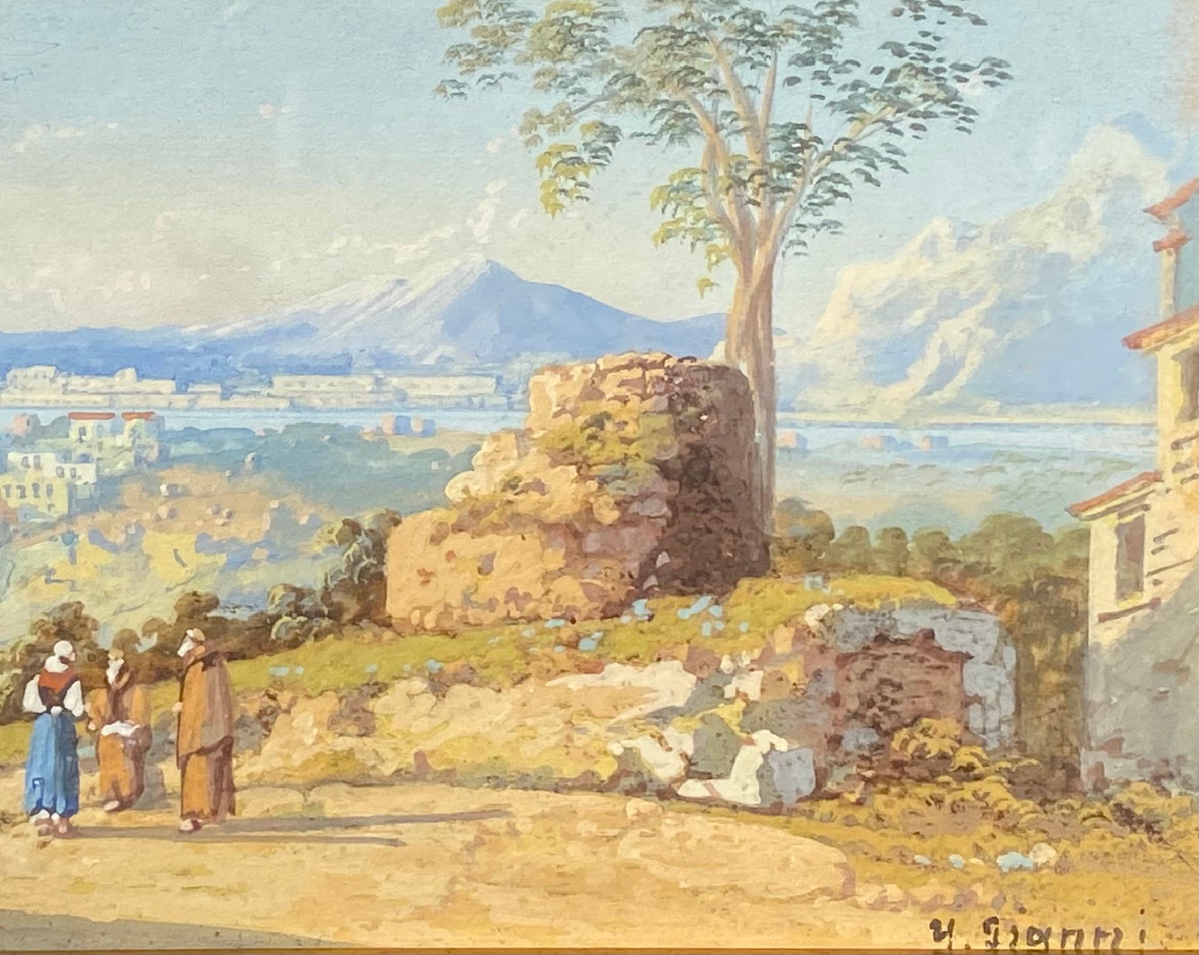 Very well executed original gouache on archival paper by the Italian artist, Maria Ada Gianni.  Signed lower left.  Condition is excellent.  Circa 1920. The paintings consists of figures on a hilltop veranda with the Bay of Naples in the background.