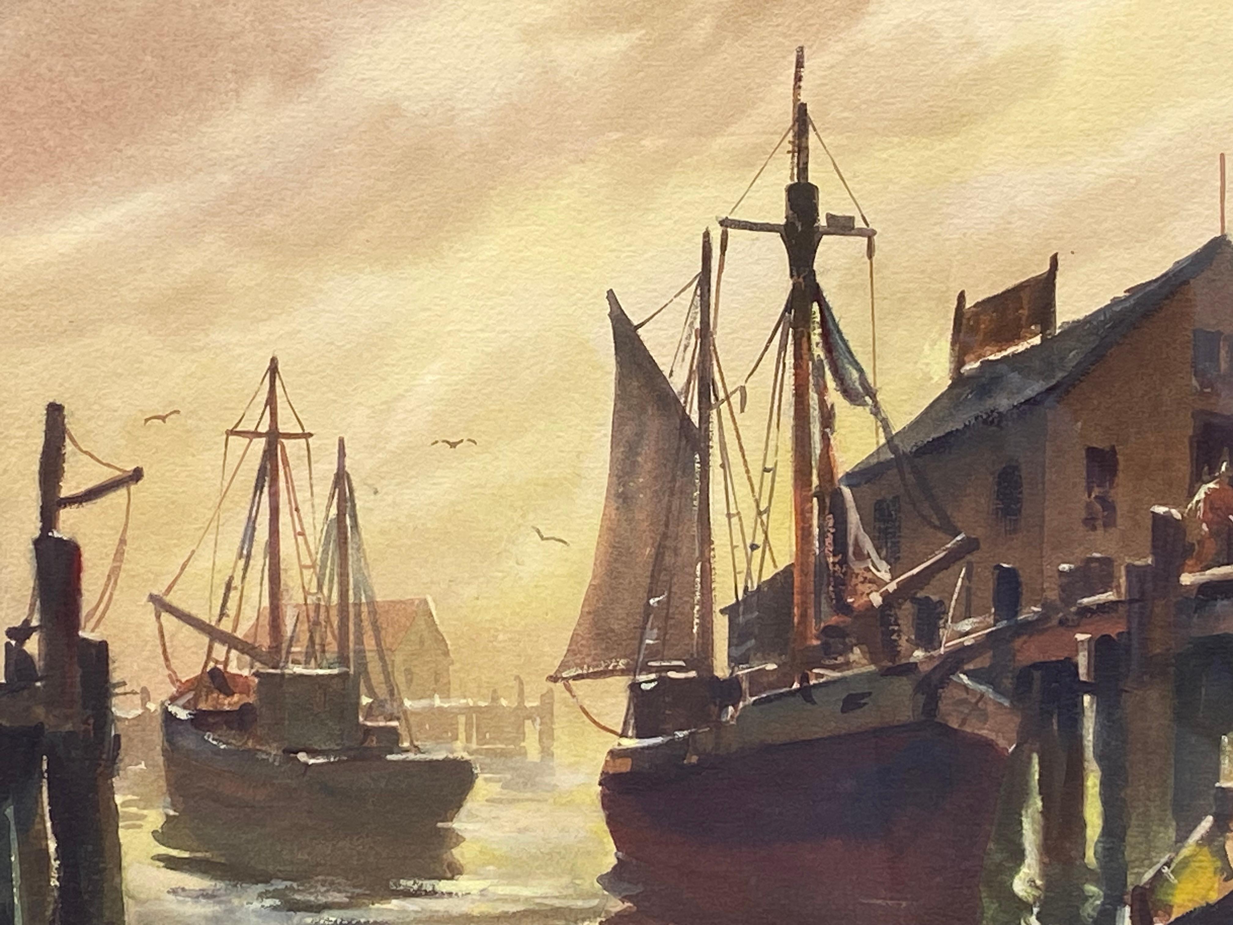 
Schönes Originalaquarell des Hafens von Provincetown im ersten Licht von dem bekannten Künstler John Cuthbert Hare.  Signiert unten rechts.  Der Zustand ist ausgezeichnet.  Das Aquarell befindet sich in einem wurmstichigen Kastanienrahmen mit